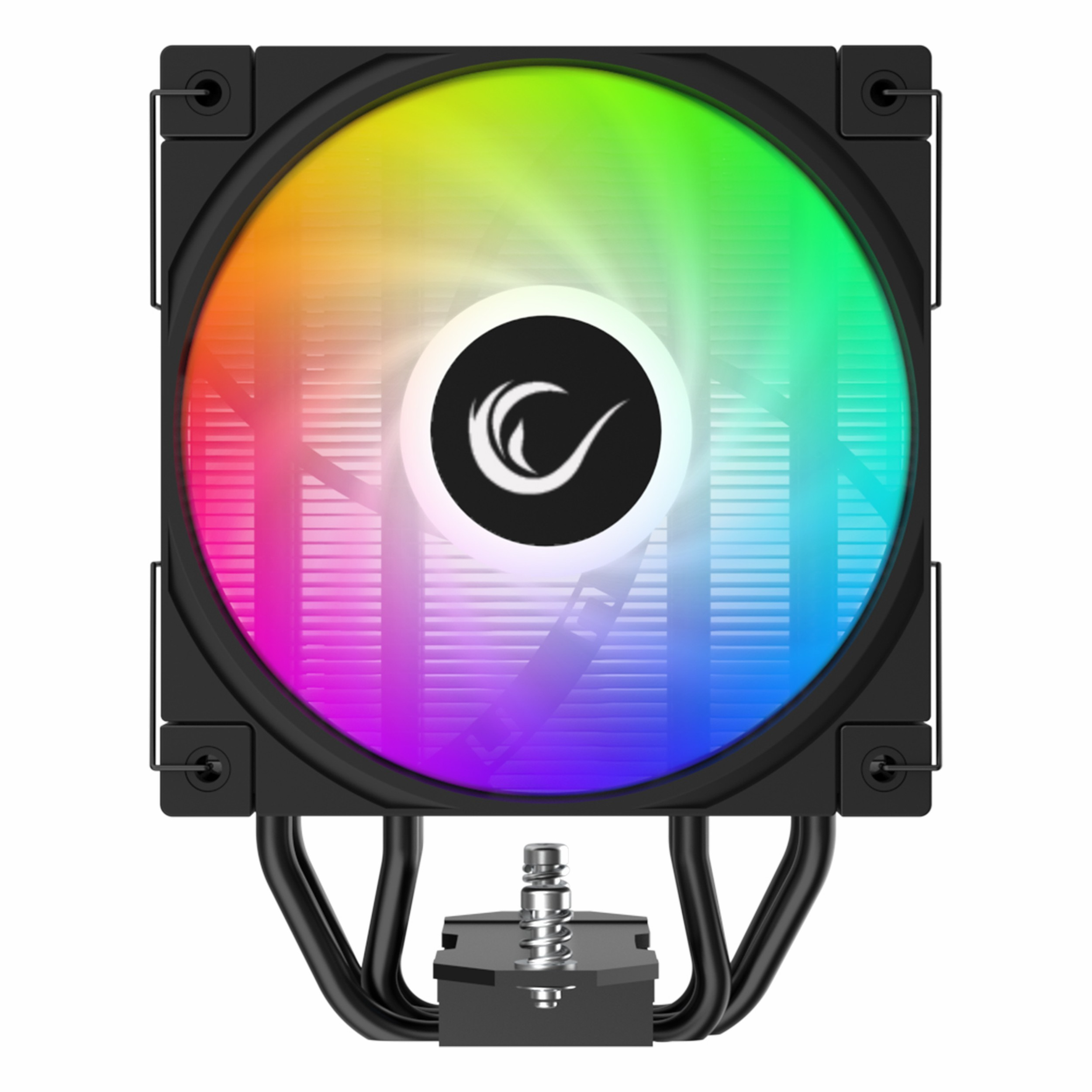 Beyaz arka plan üzerinde RGB aydınlatmalı siyah bilgisayar fanı.