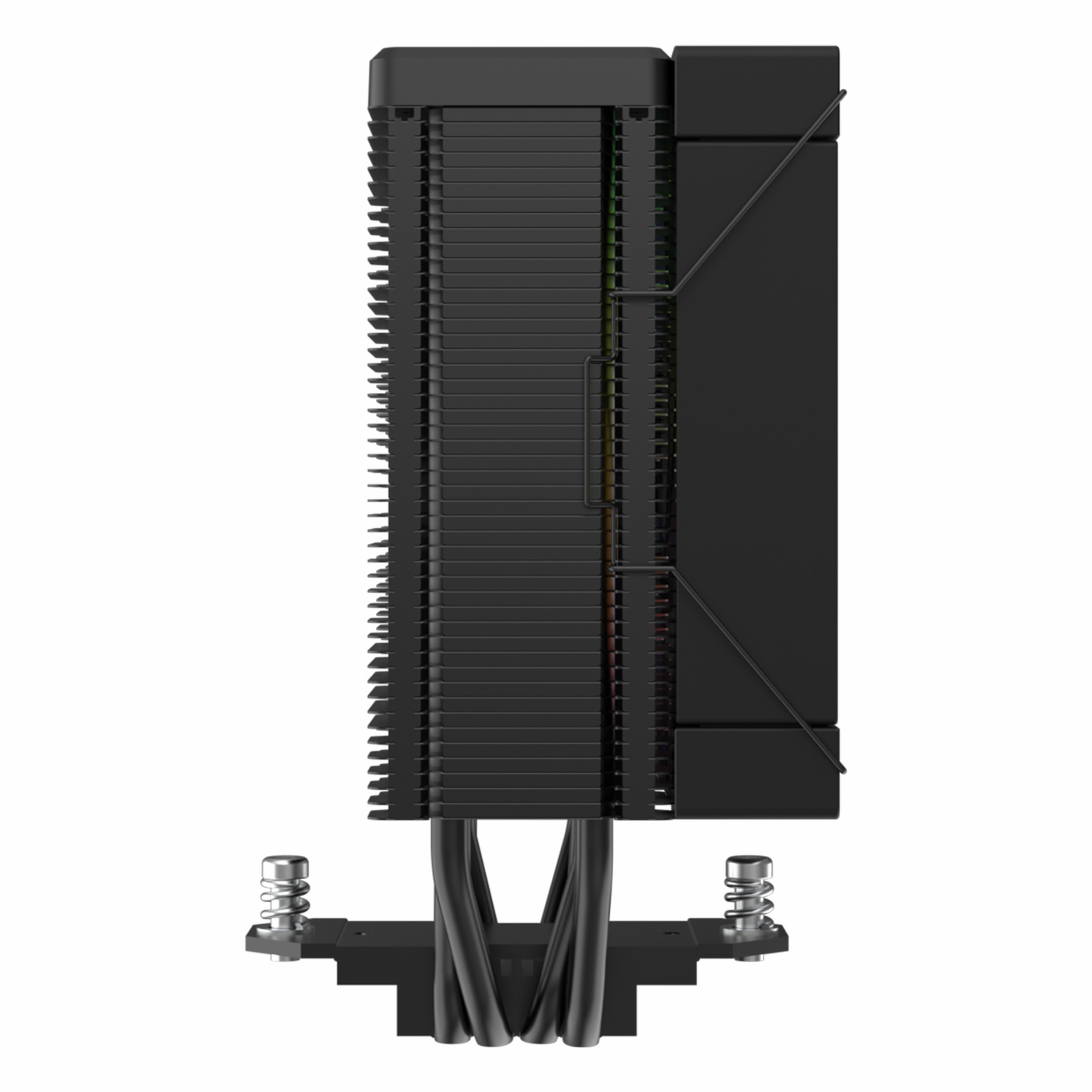 Siyah CPU soğutucu, kanatçıklar ve ısı boruları beyaz arka planda.