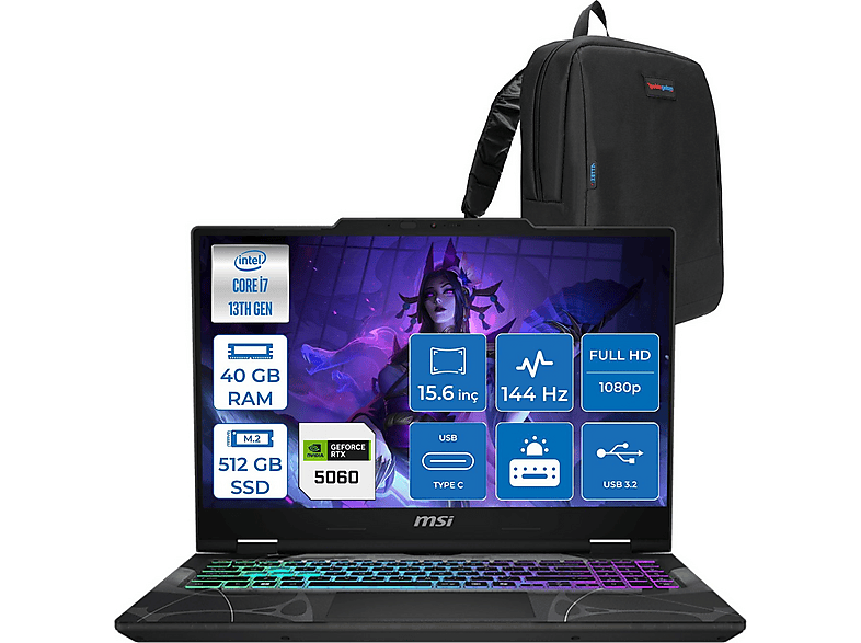 MSI Cyborg 15 RTX5060 8 GB 144 Hz IPS B13WFKG490XTRF17 Intel Core i7-13620H 40 GB RAM 512 GB SSD 15,6 inç FreeDOS Laptop+Çanta Siyah