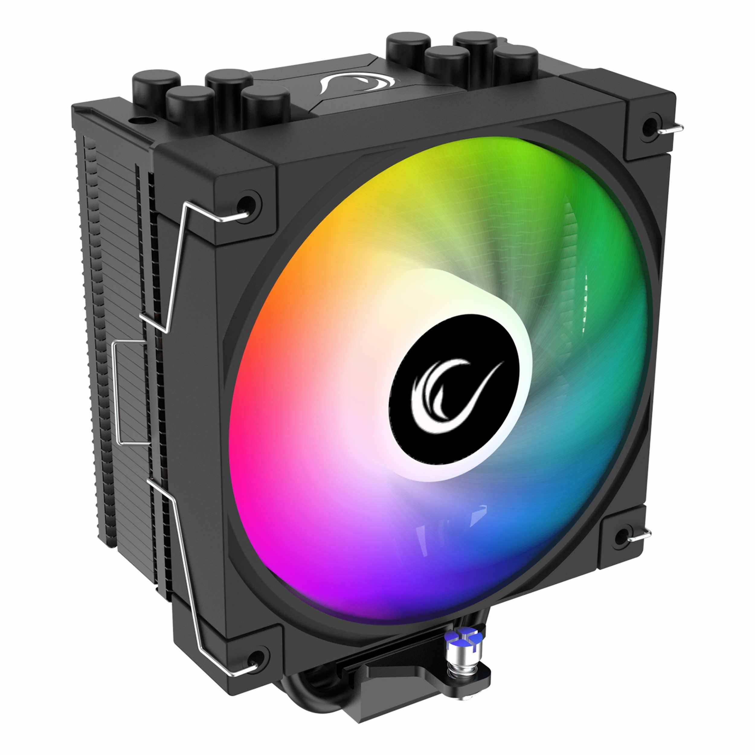 RGB fanlı ve soğutma kanatçıklı siyah CPU soğutucu.