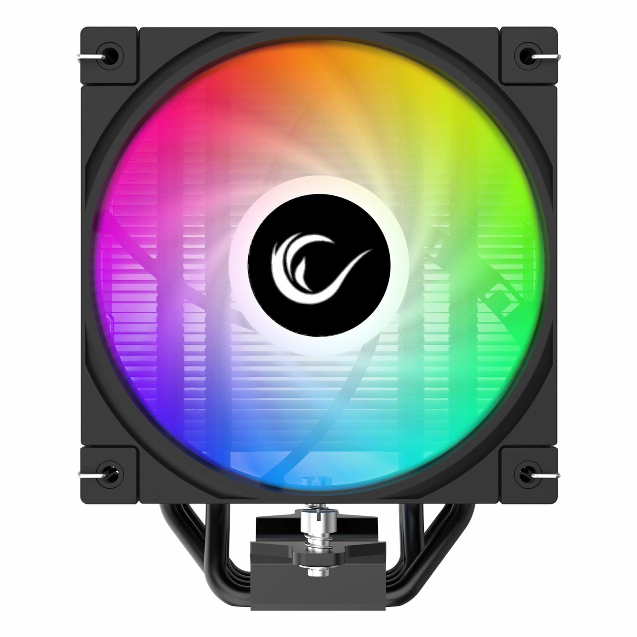 Beyaz arka plan üzerinde RGB aydınlatmalı siyah PC fanı.