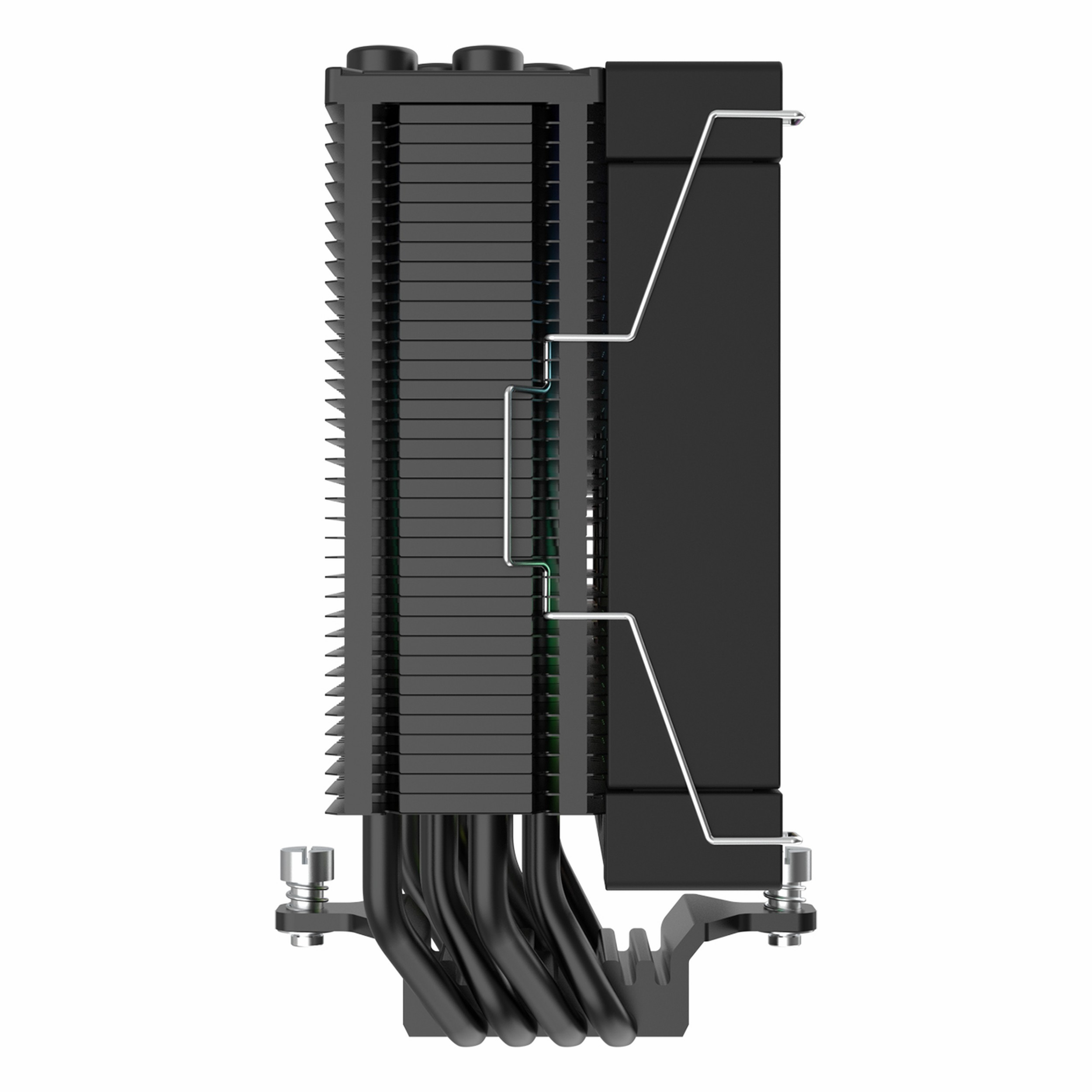 Kanatlı ve ısı borulu siyah CPU soğutucu, beyaz arka plan üzerinde.