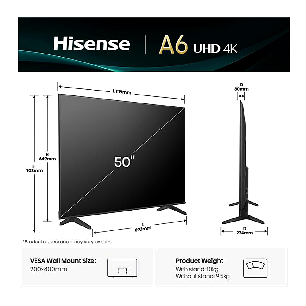 TV Hisense A6 UHD 4K da 50 pollici con dimensioni e specifiche di peso.