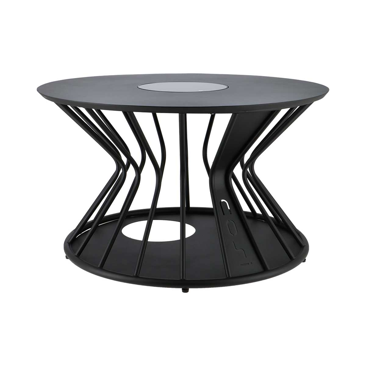 Een zwarte ronde tafel met een metalen draadonderstel en glazen inzet.