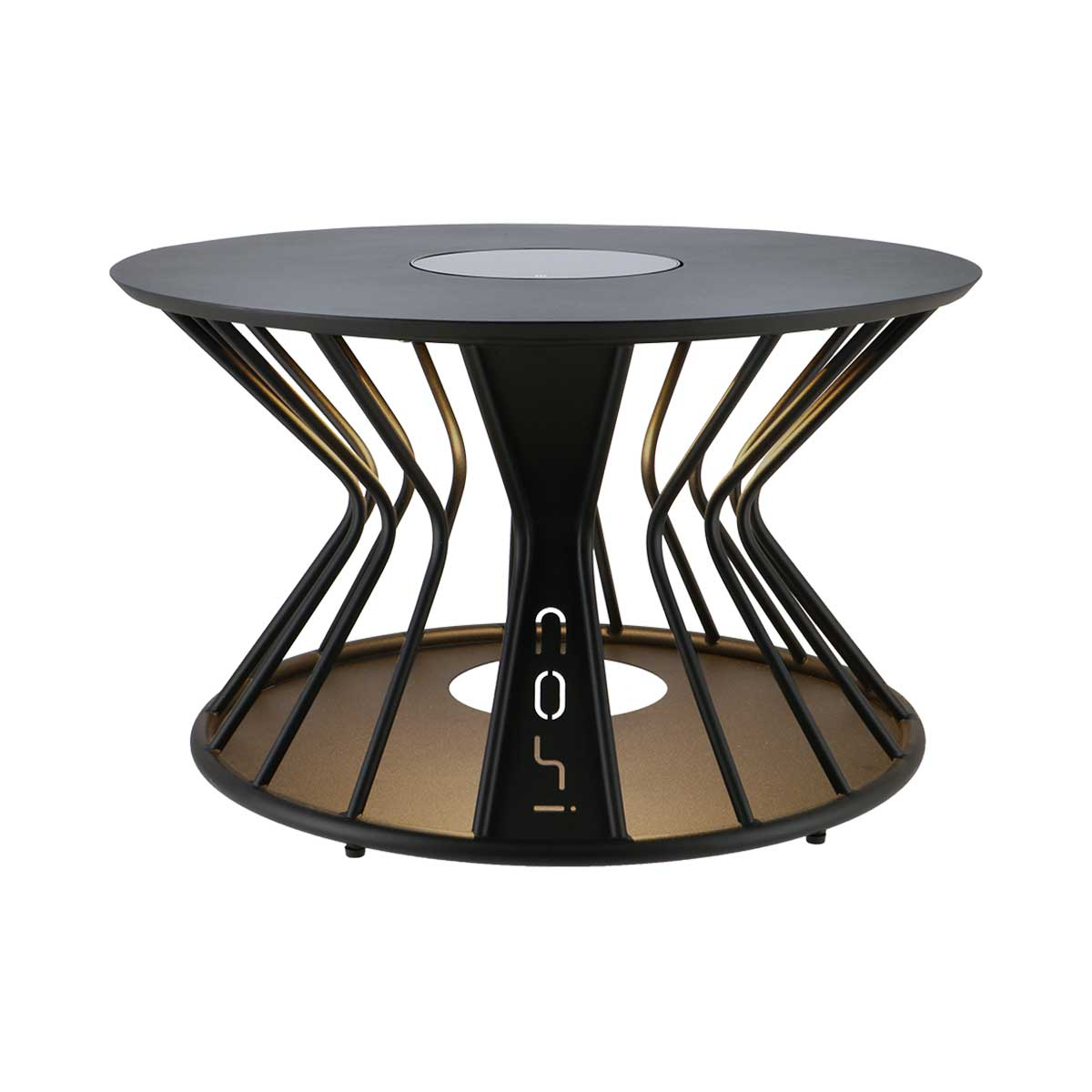 Een ronde, zwarte tafel met een metalen frame en een gouden basis.