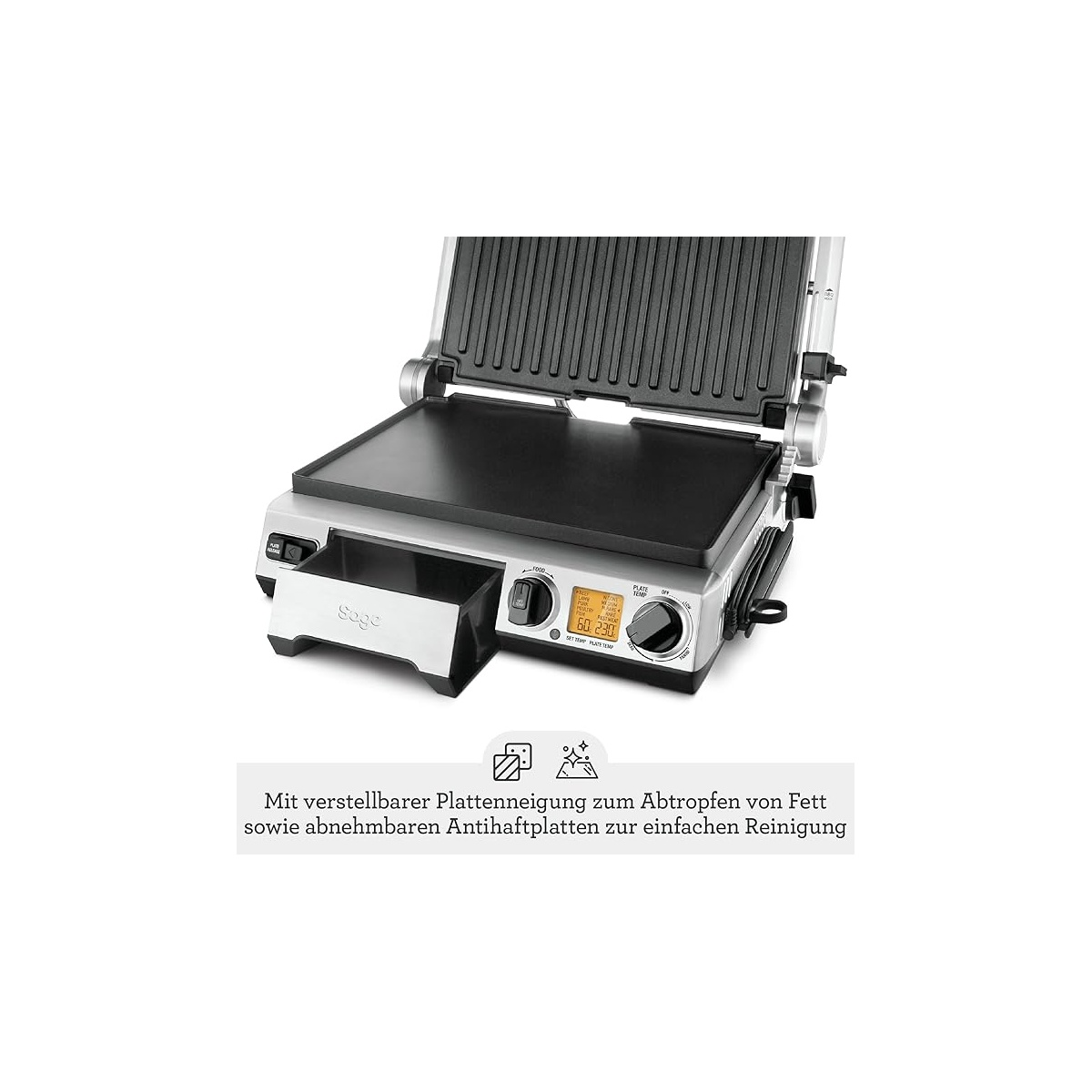 Otwarty grill kontaktowy z srebrnymi i czarnymi elementami i wyświetlaczem LCD.