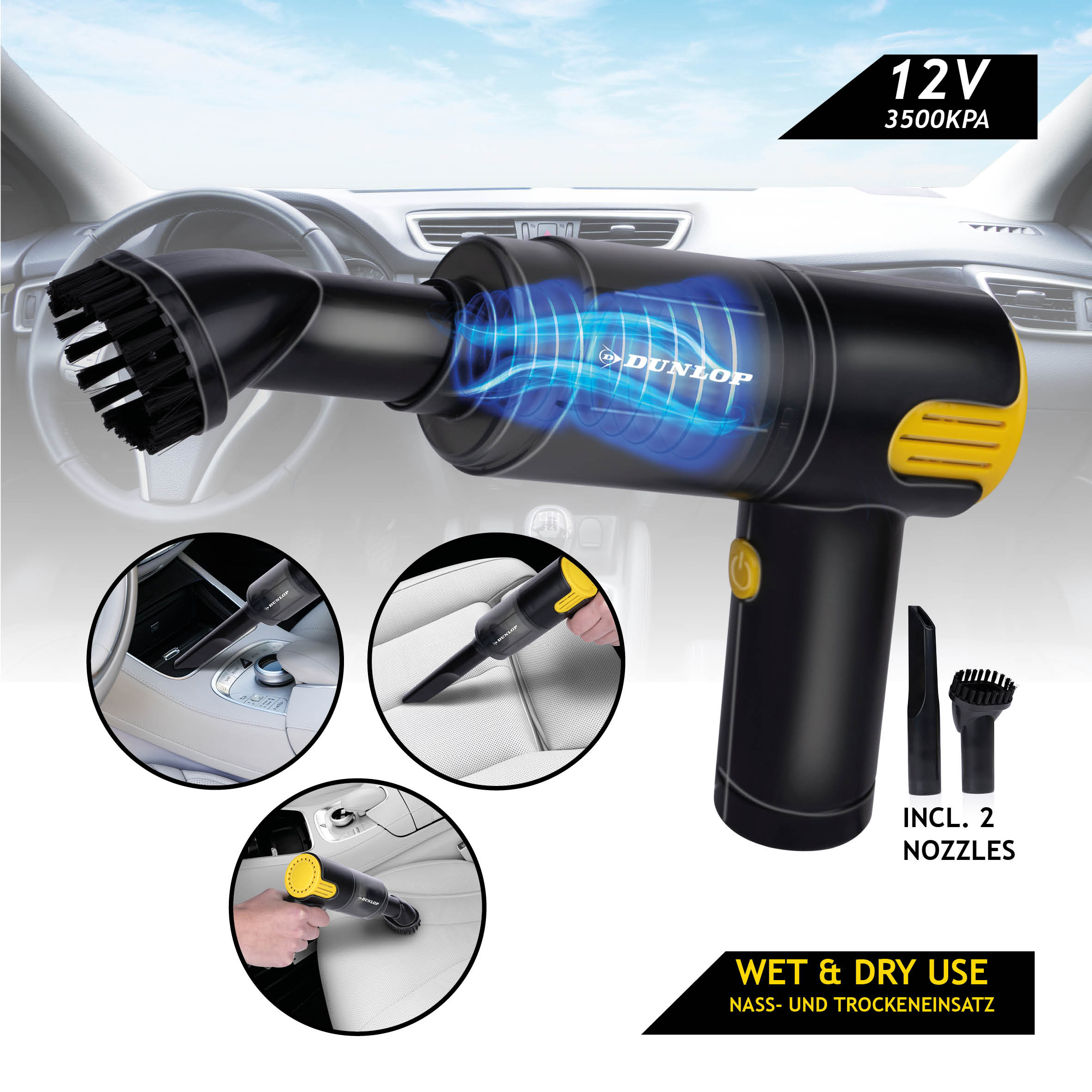 Black Dunlop car vacuum with accessories in front of a car interior. 12V, 3500KPA.