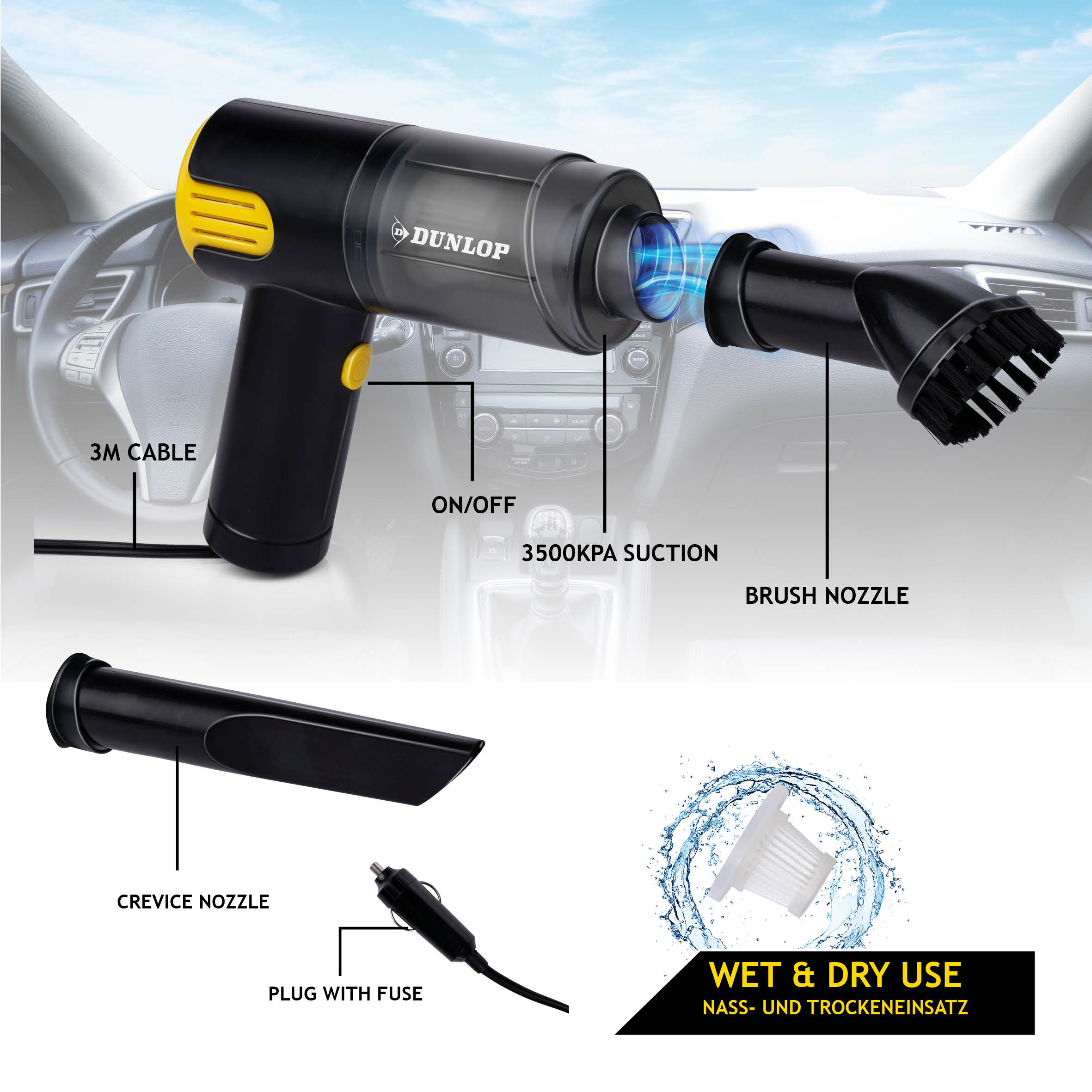 A black Dunlop handheld vacuum with accessories in a car.