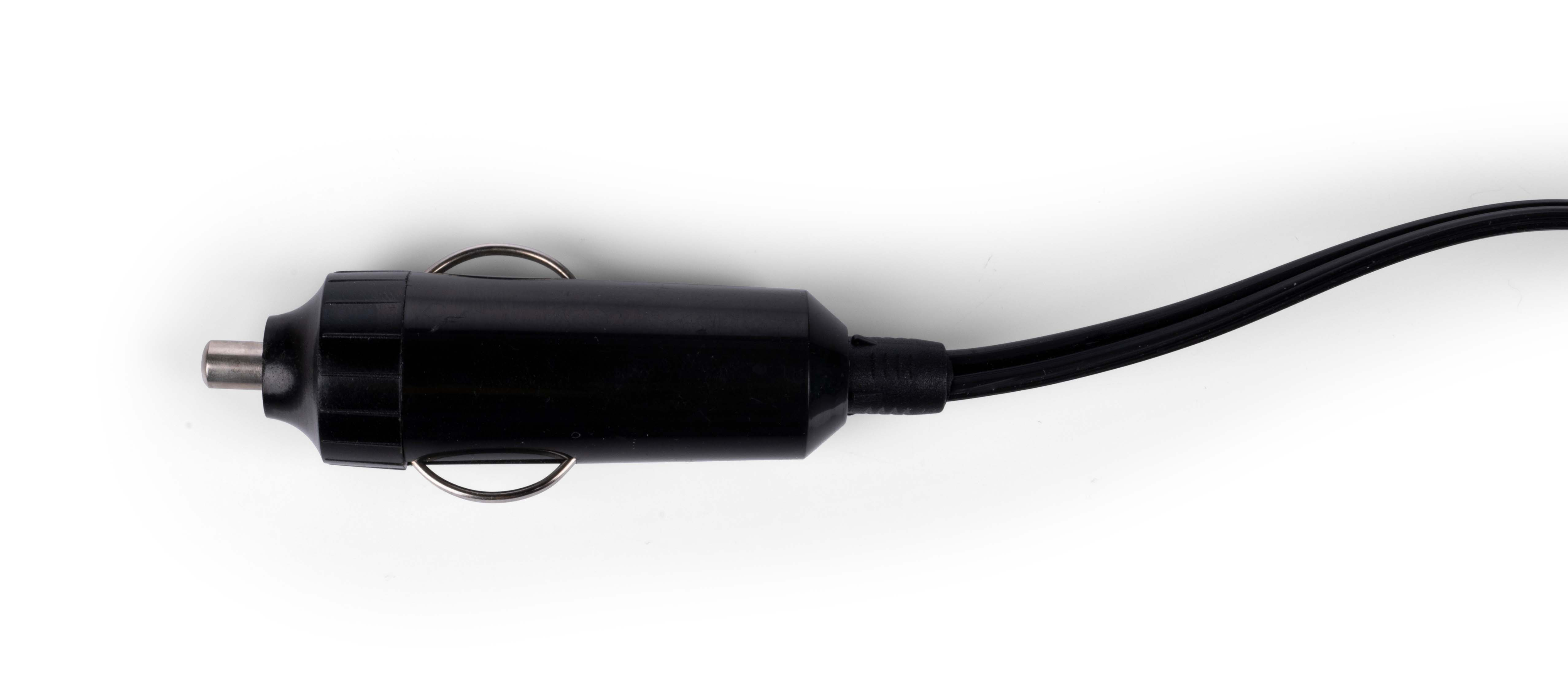 Black car cigarette lighter plug with cord on a white background.