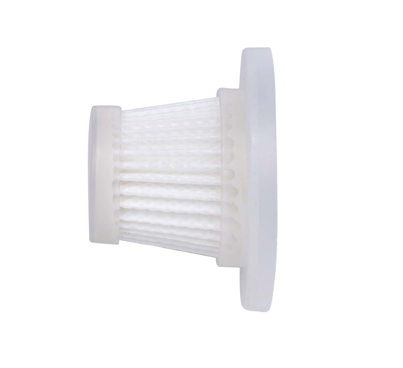A white vacuum filter with pleats and a plastic rim.
