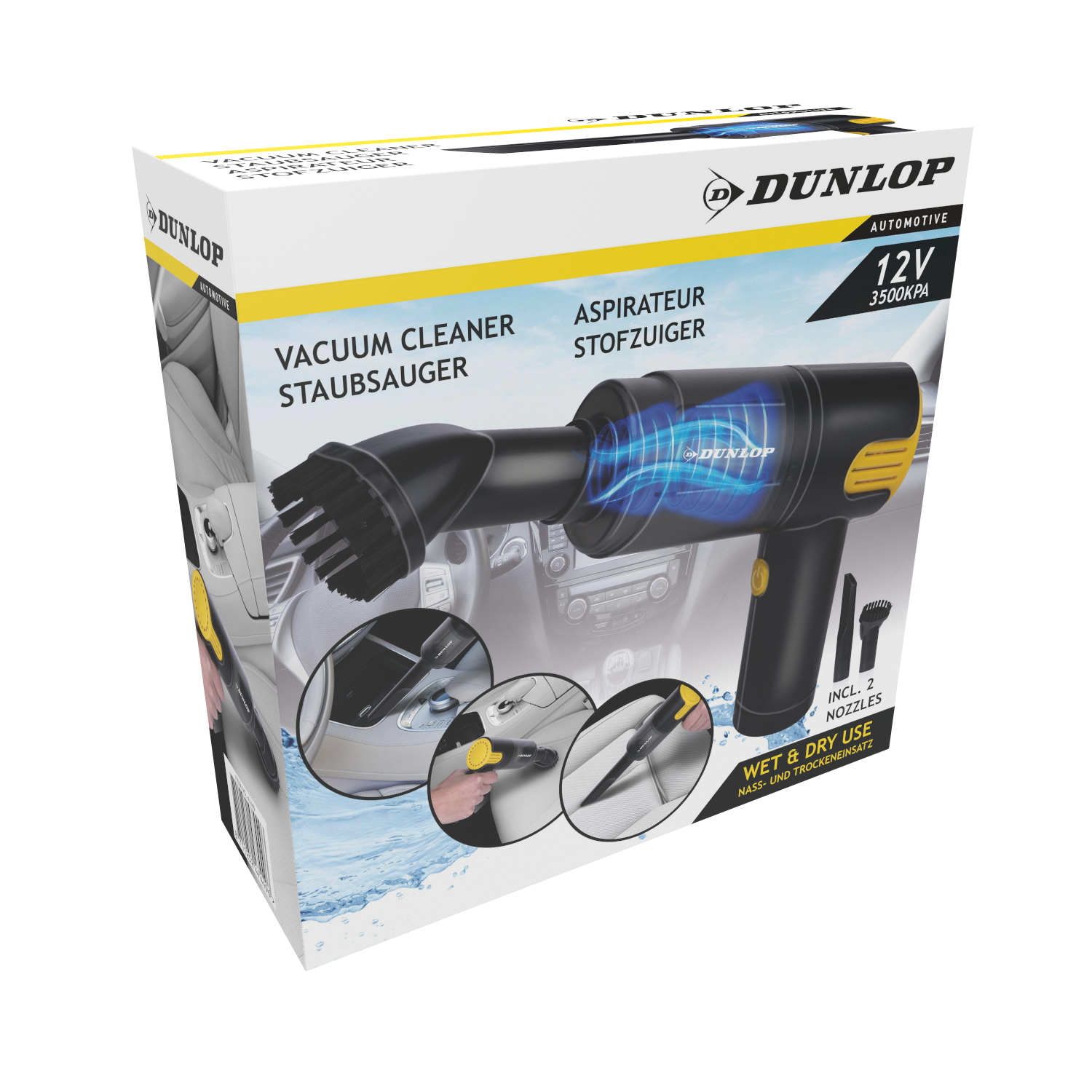 Packaging of a black Dunlop 12V wet and dry vacuum cleaner for cars.