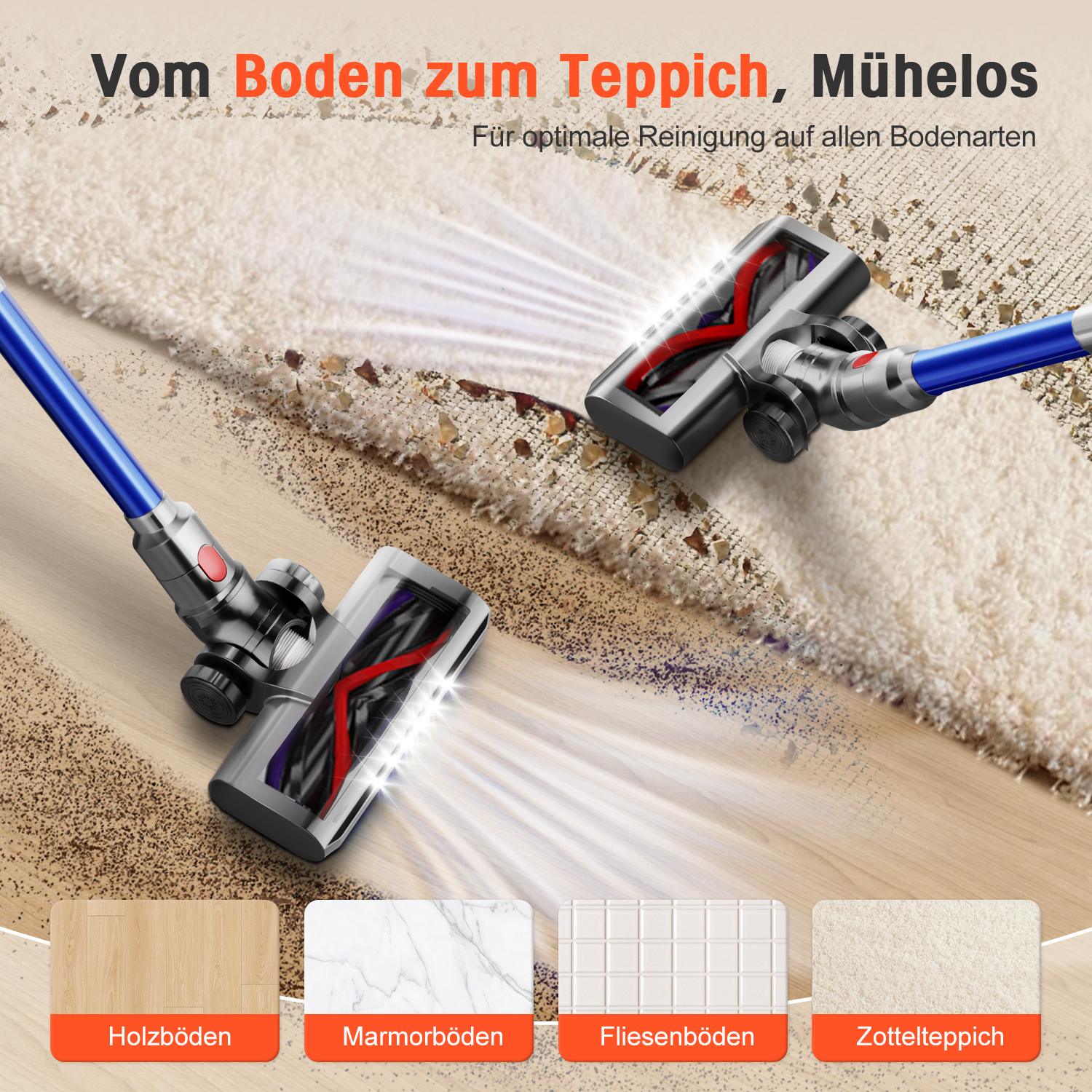 Ein Staubsauger reinigt mühelos verschiedene Bodenarten: Holz, Marmor, Fliesen, Teppich.
