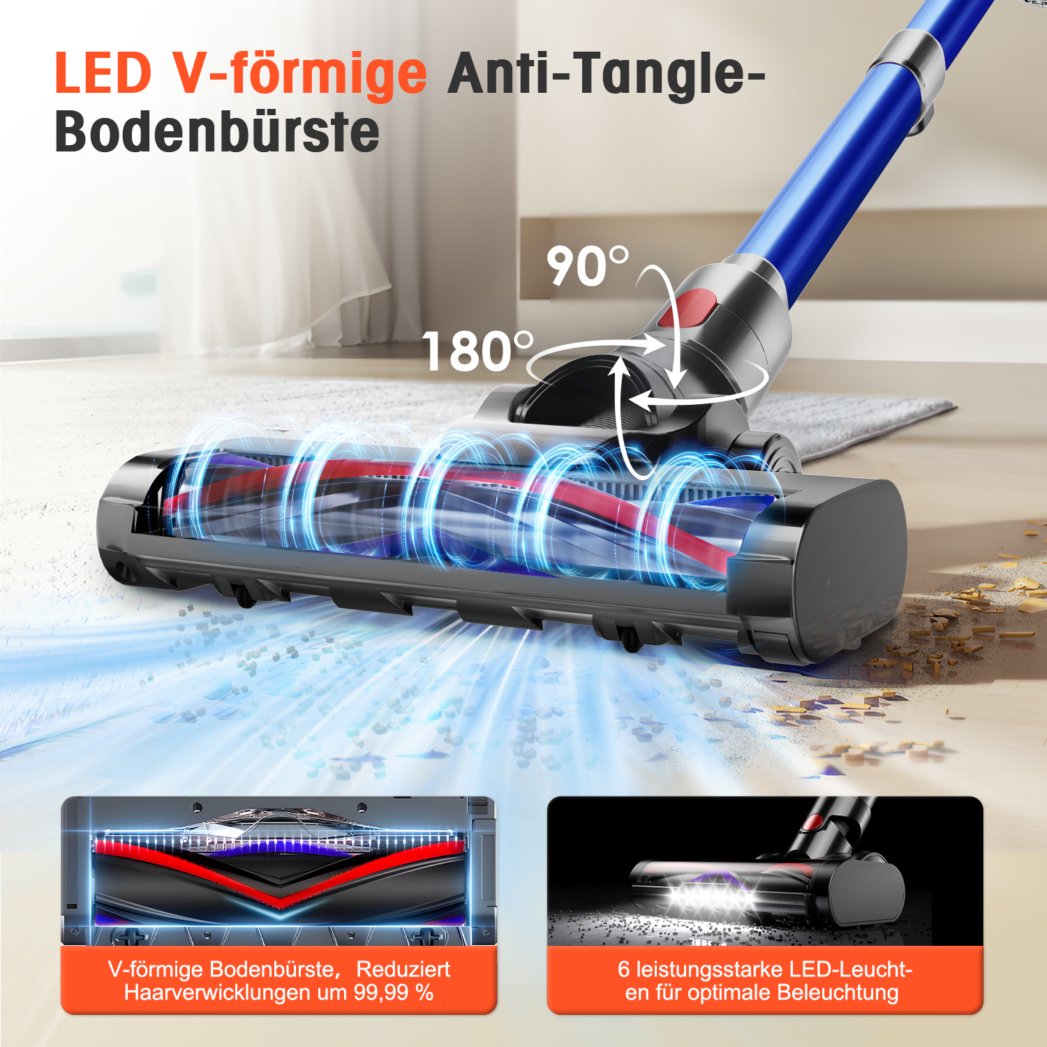 V-förmige Bodenbürste mit LED und 180°/90° Schwenkfunktion.