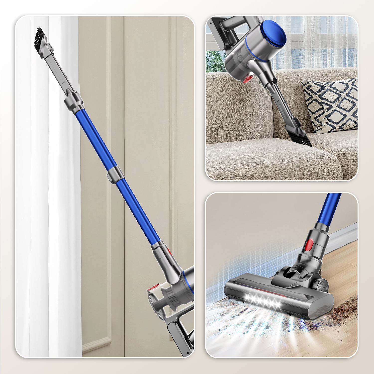 Ein blauer Stabstaubsauger reinigt eine Couch und einen Holzboden.