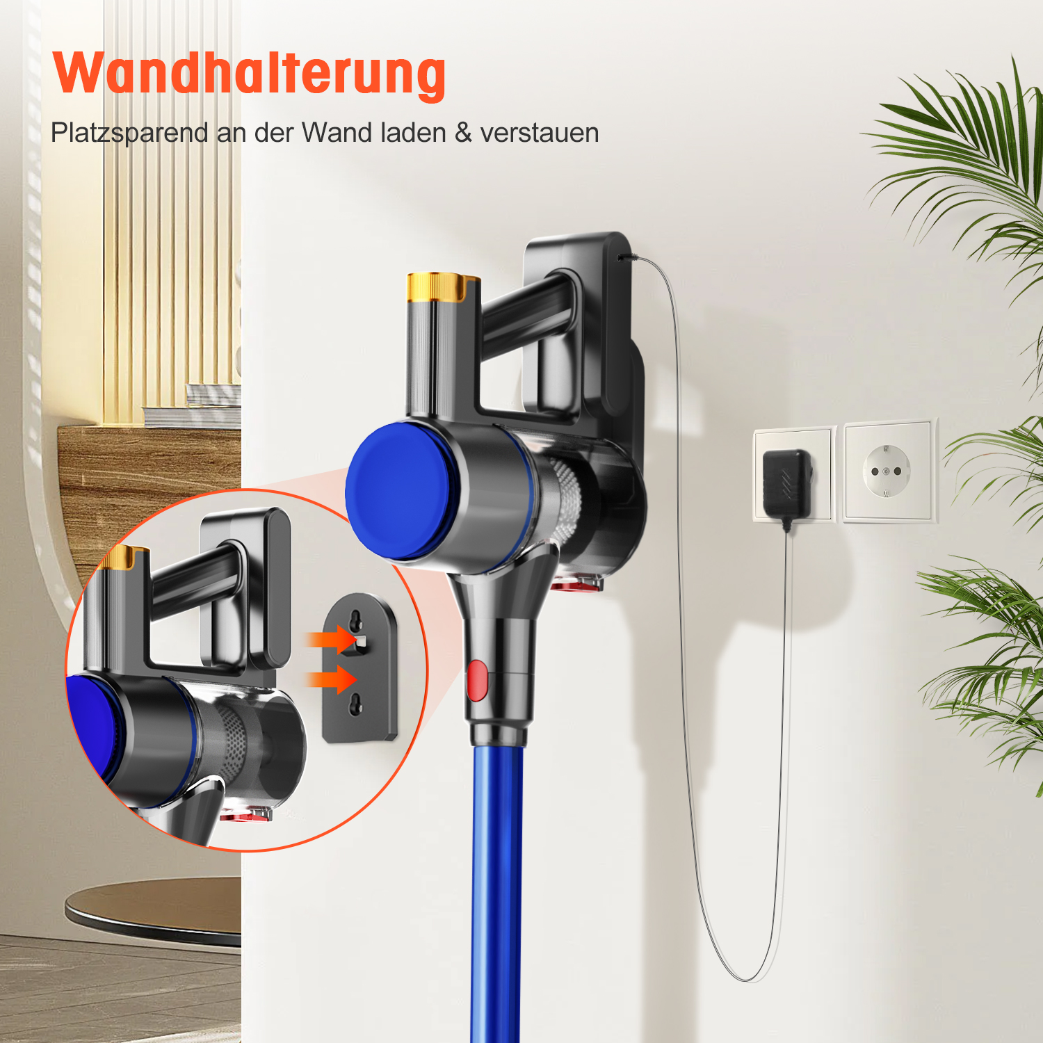 Ein kabelloser Staubsauger hängt an einer Wandhalterung, die ihn lädt und verstaut.