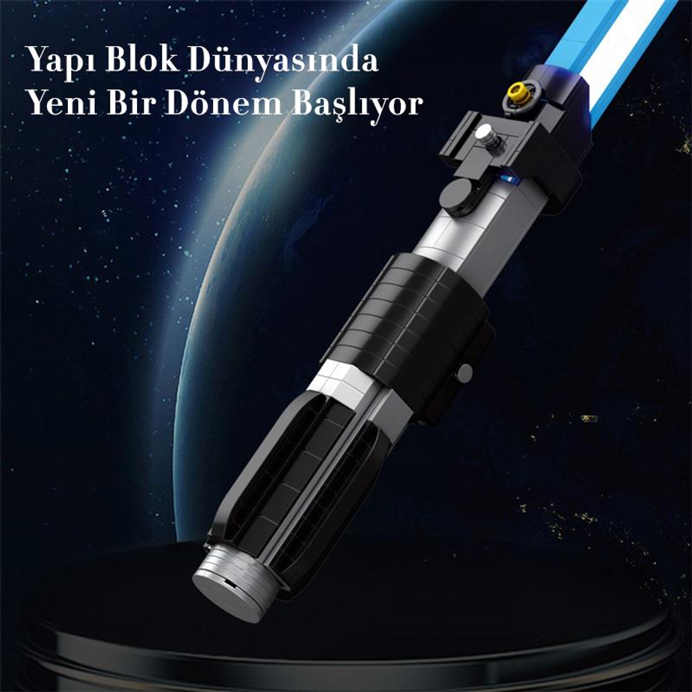 Mavi ışın kılıçlı bir ışın kılıcı, Dünya ve yıldızlar arka planına karşı gösteriliyor.