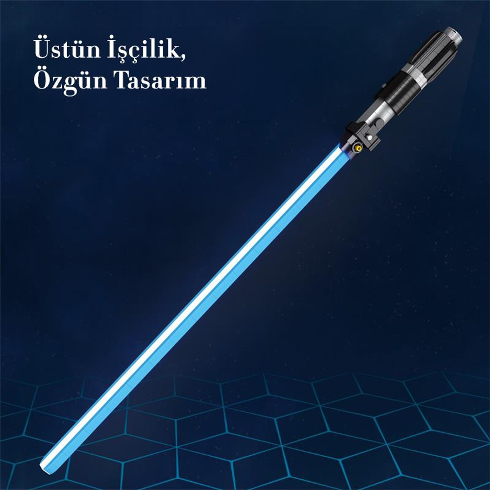 Siyah kabzalı mavi ışın kılıcı, karanlık arka planda.