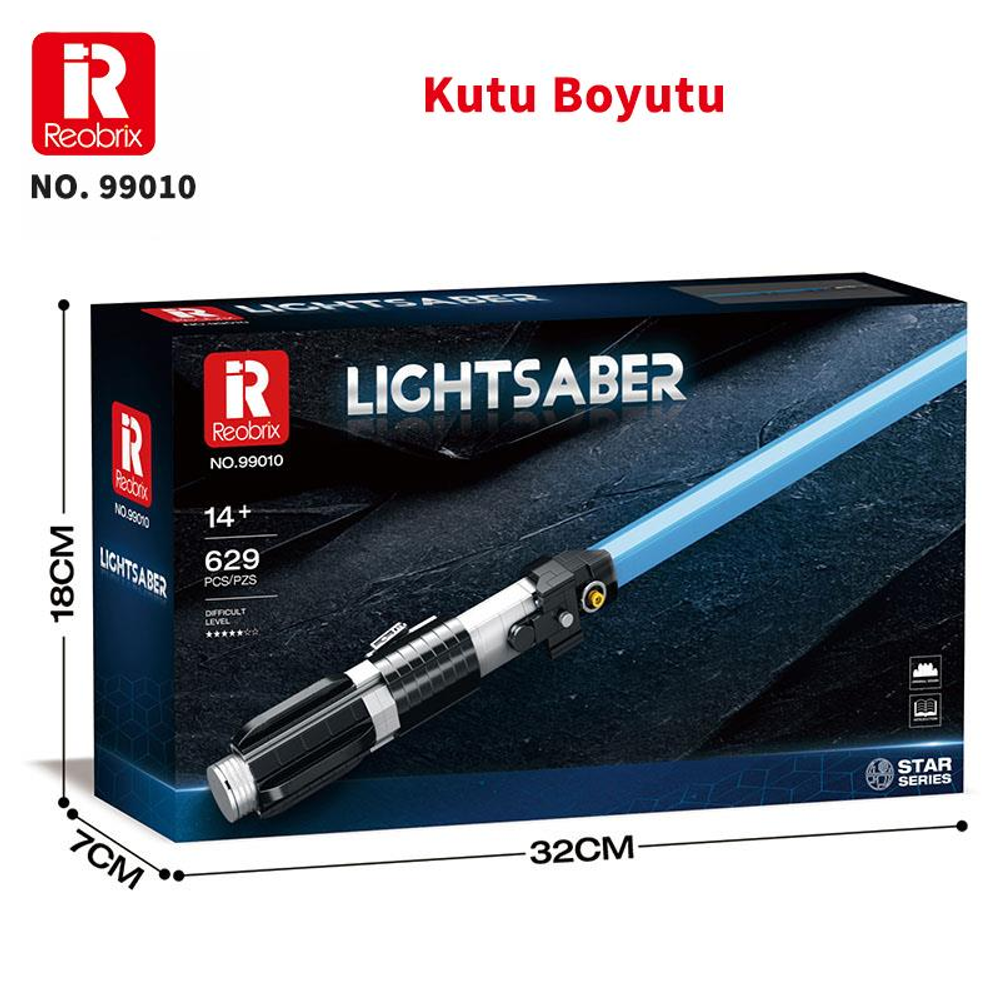 Boyutları ile mavi bir ışın kılıcı oyuncağını gösteren kutu.
