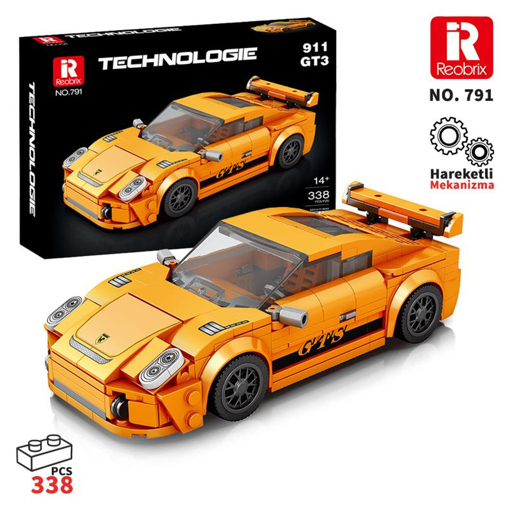 Kanatlı turuncu Lego spor araba, ambalajının yanında.