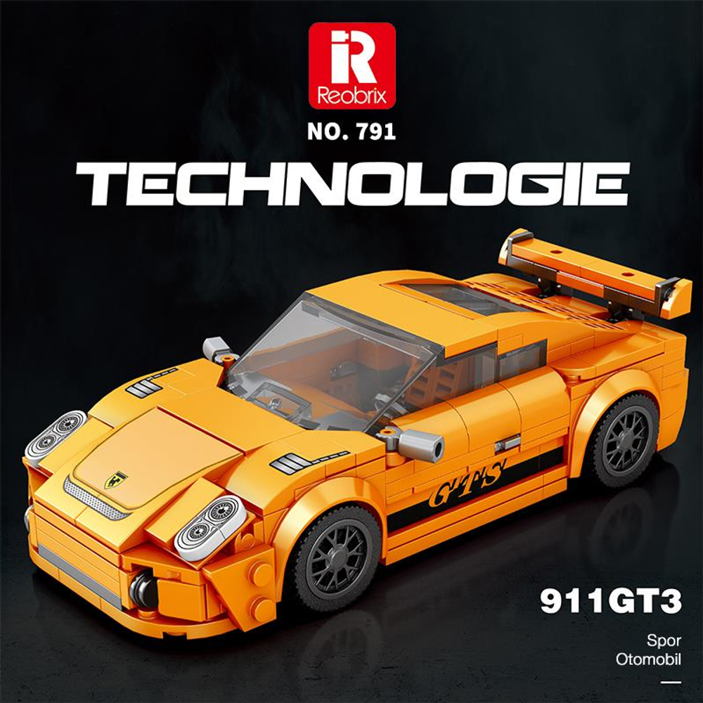 Siyah spoilerli ve çıkartmalı turuncu Lego spor araba, 911GT3 modeli.