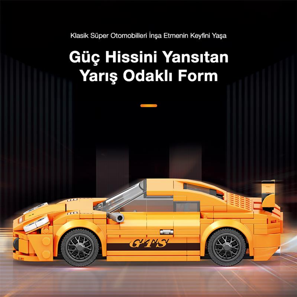 Siyah şeritli ve "GTS" yazılı turuncu Lego spor araba.