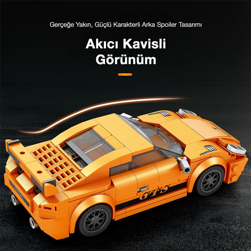Koyu arka plan üzerinde arka spoyler ve şeffaf pencereli turuncu Lego spor araba.