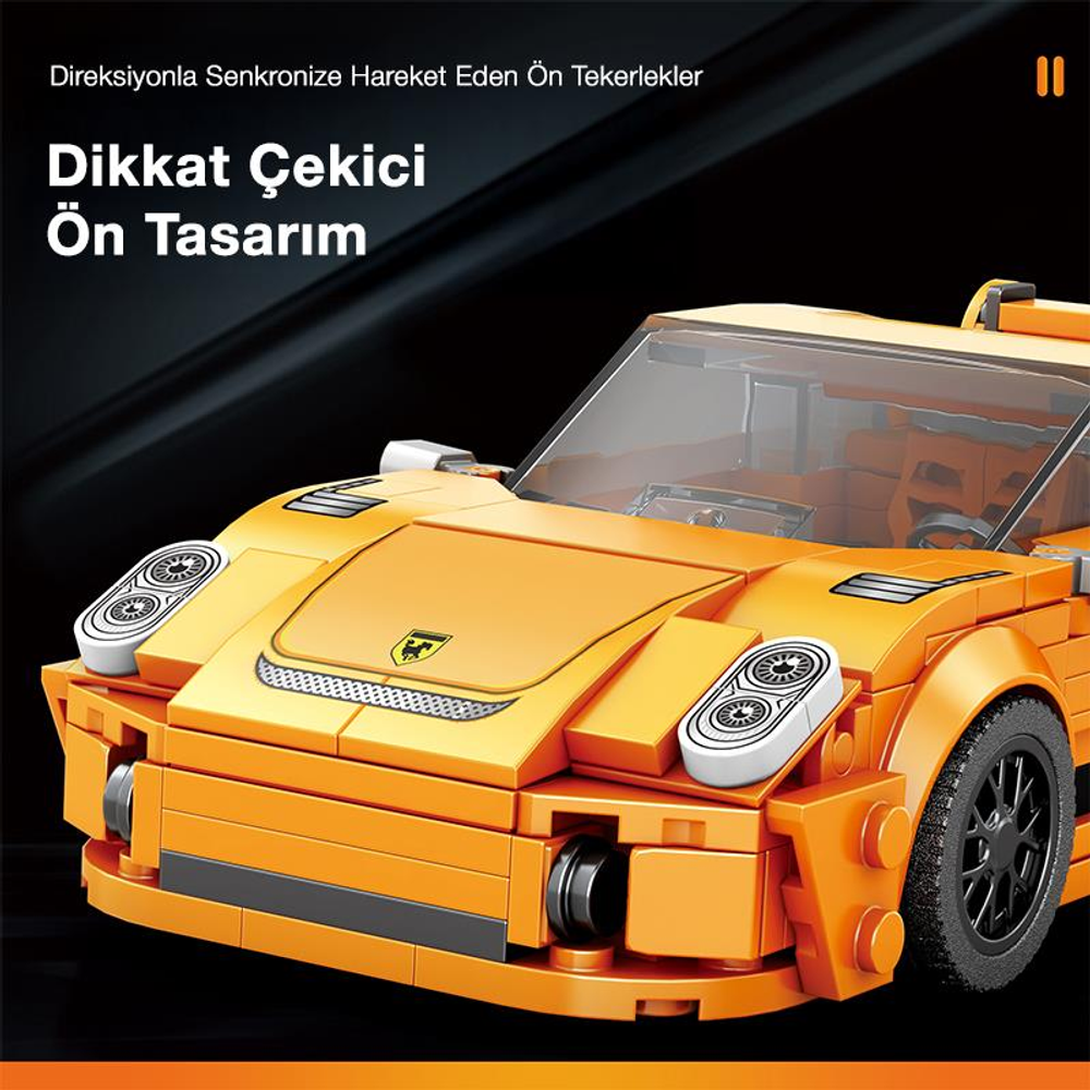 Detaylı ön ve farlara sahip turuncu Lego spor araba.