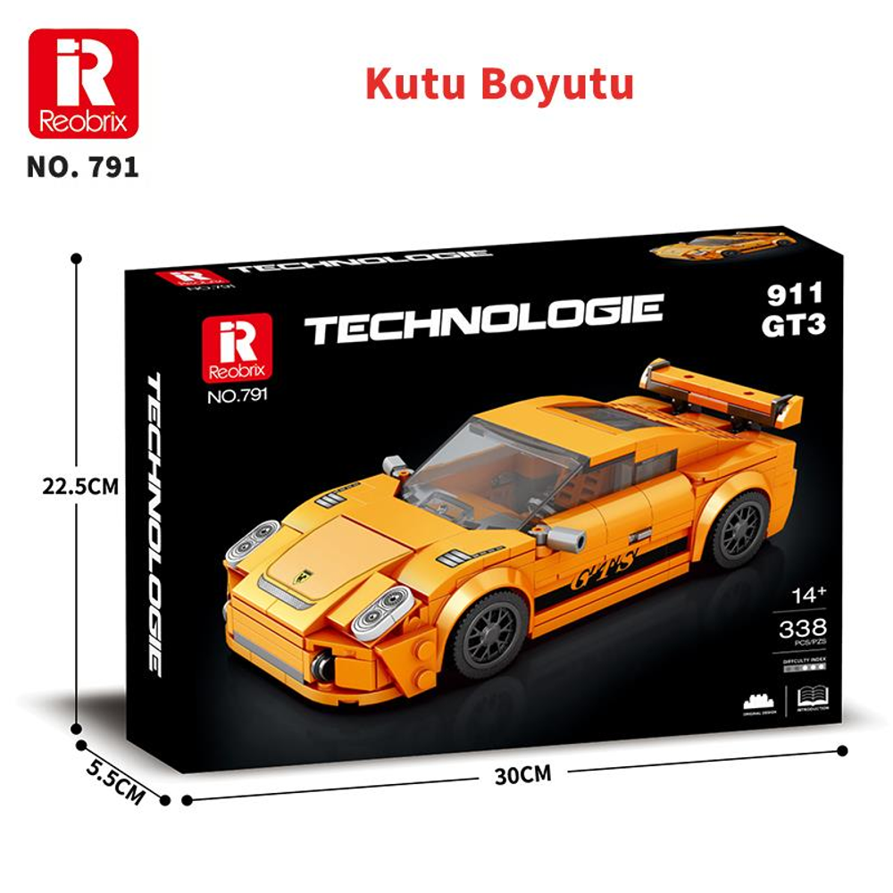 Turuncu Reobrix Porsche 911 GT3 model araba kutusu, boyutları gösteriliyor.