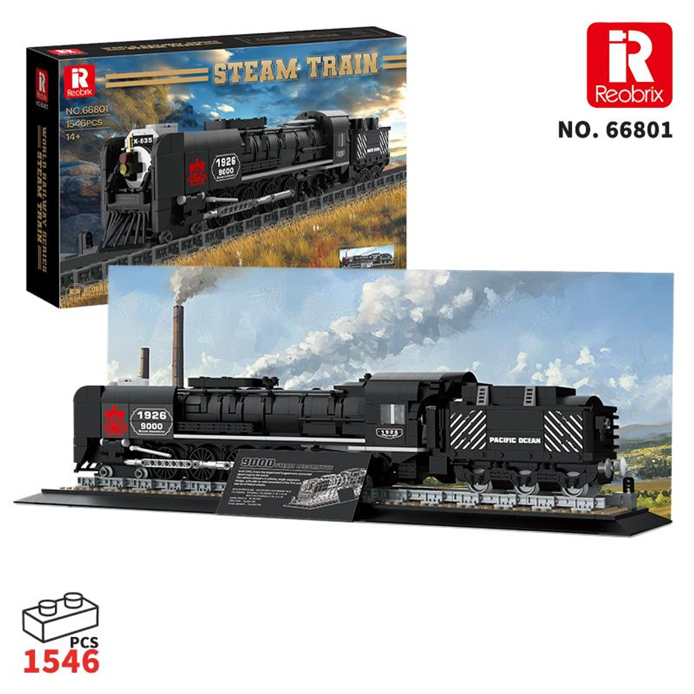 Dumanın ardından görünen siyah bir buharlı tren yapım seti modeli.