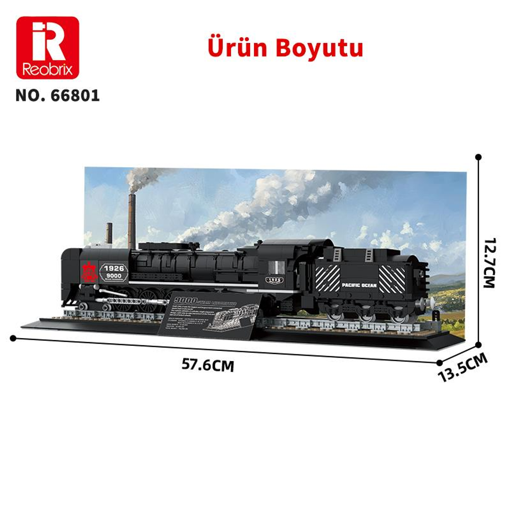 Boyutları gösterilen siyah bir buharlı lokomotifin detaylı modeli.