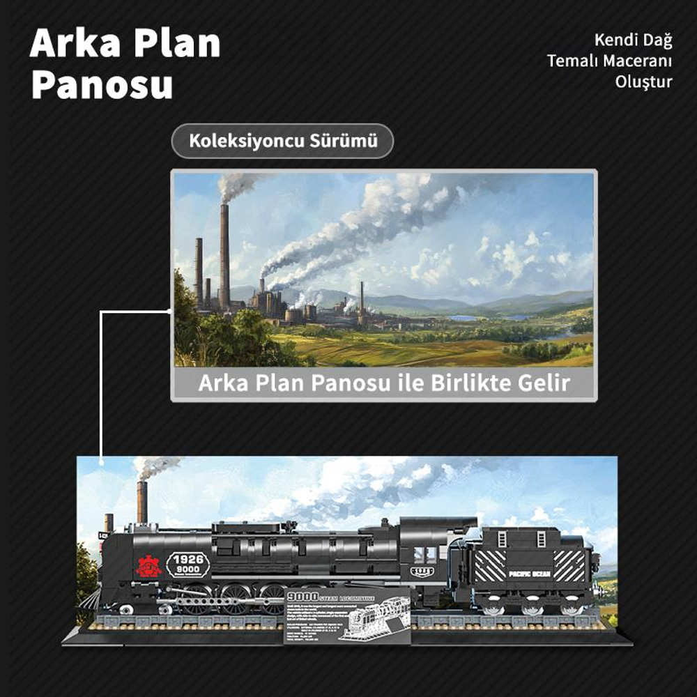 Fabrika bacalarının endüstriyel fonunda, dioramada siyah-beyaz tren.
