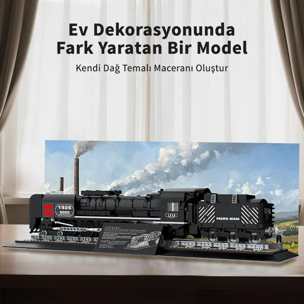 Bacadan dumanı tüten siyah bir Lego model tren.