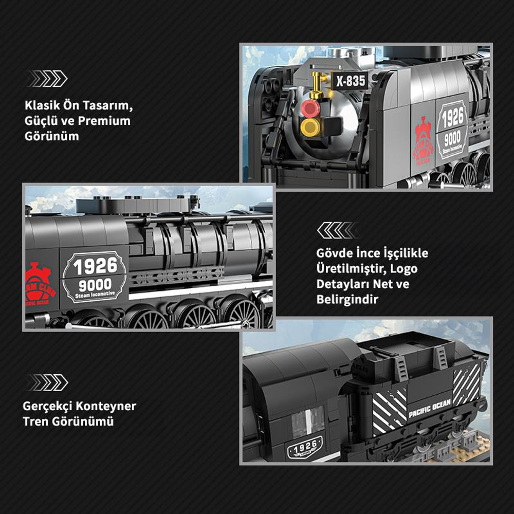 1926 ve 9000 numaralı siyah buharlı lokomotifin detaylı modeli.