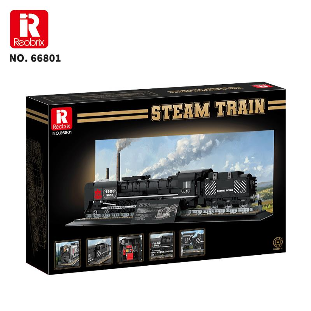 Bacadan duman çıkan siyah buharlı tren yapım seti ambalajı.