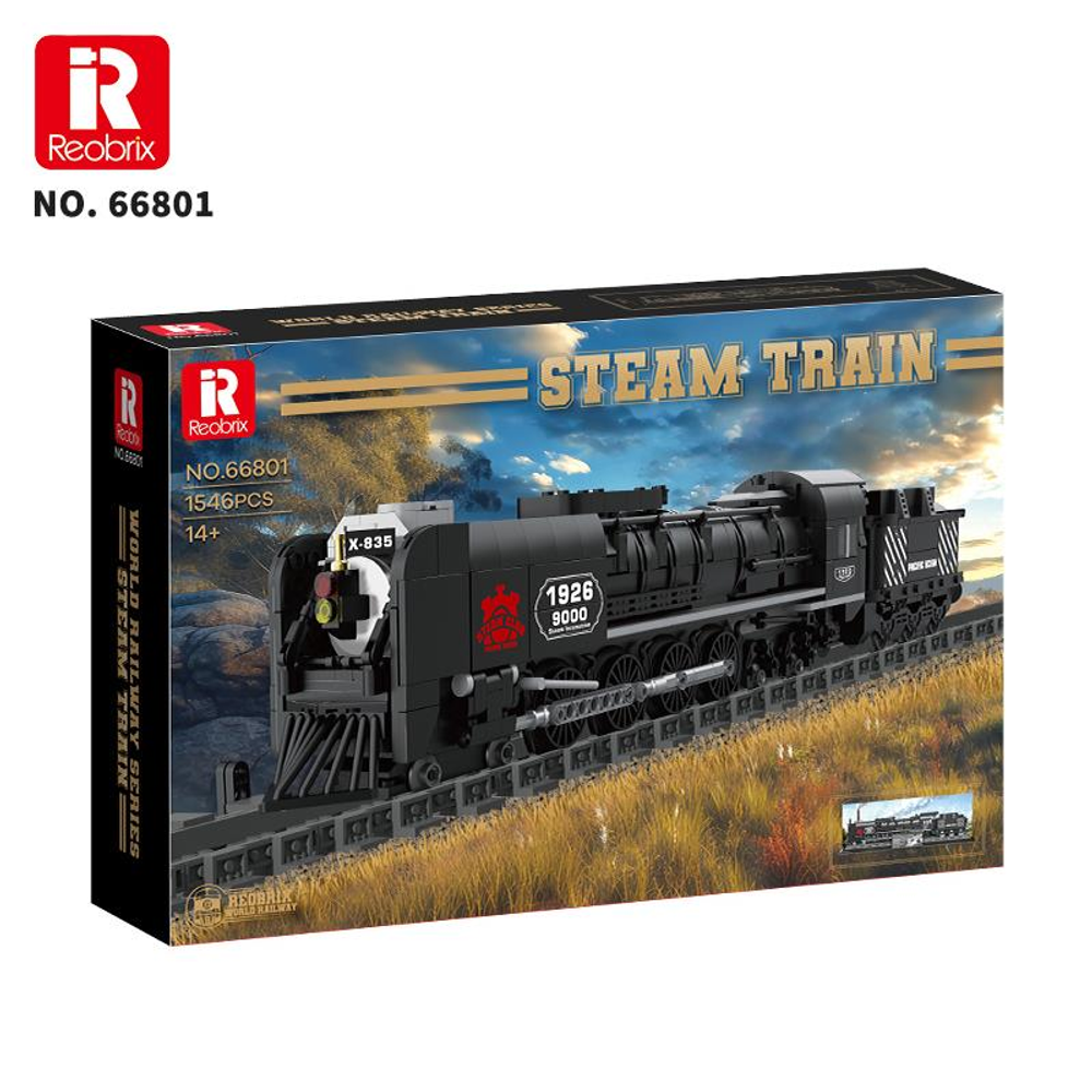 Siyah buharlı tren yapım seti kutusu, üzerinde 'Steam Train' ve 'Reobrix' markası bulunur.