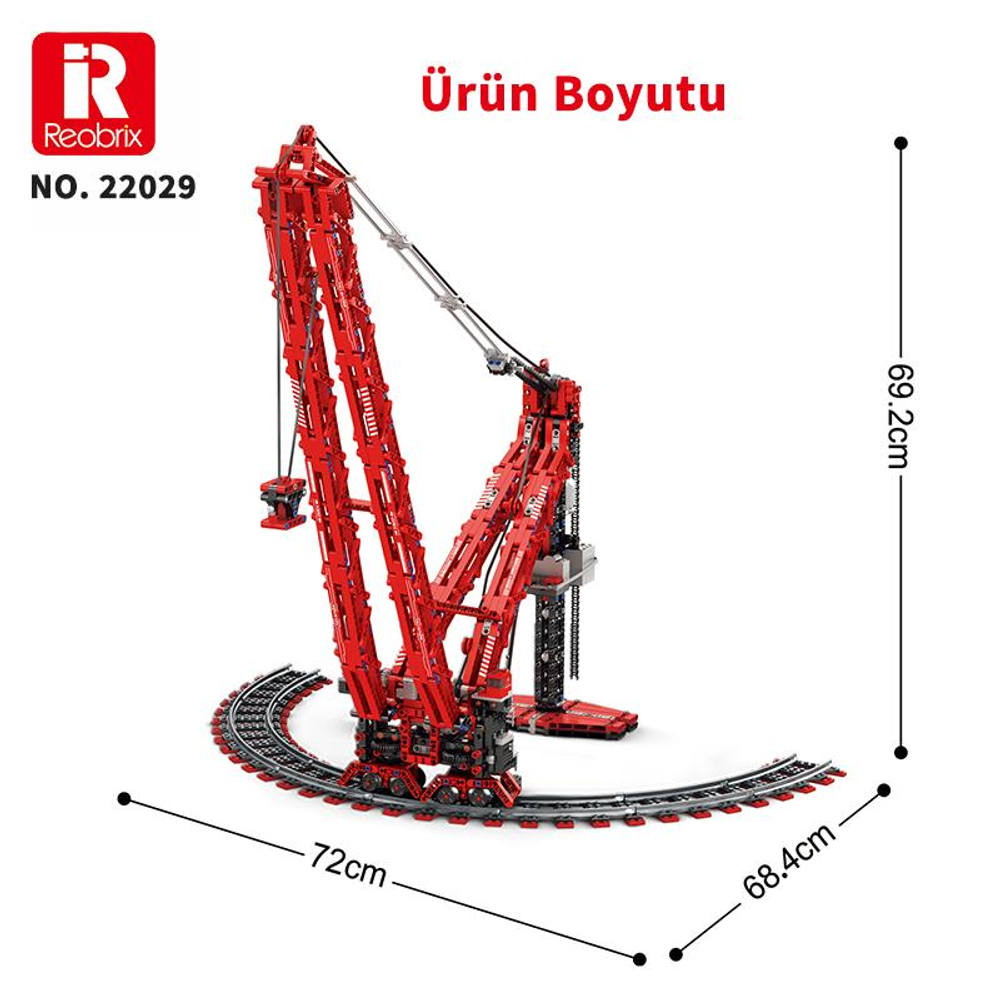 Raylar üzerinde kırmızı vinç yapım oyuncağı boyutları: 72cm, 68.4cm, 69.2cm.