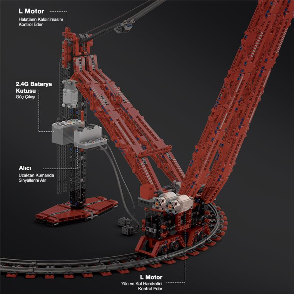 Motorlu, pilli ve alıcılı kırmızı Lego vinç modeli raylar üzerinde.