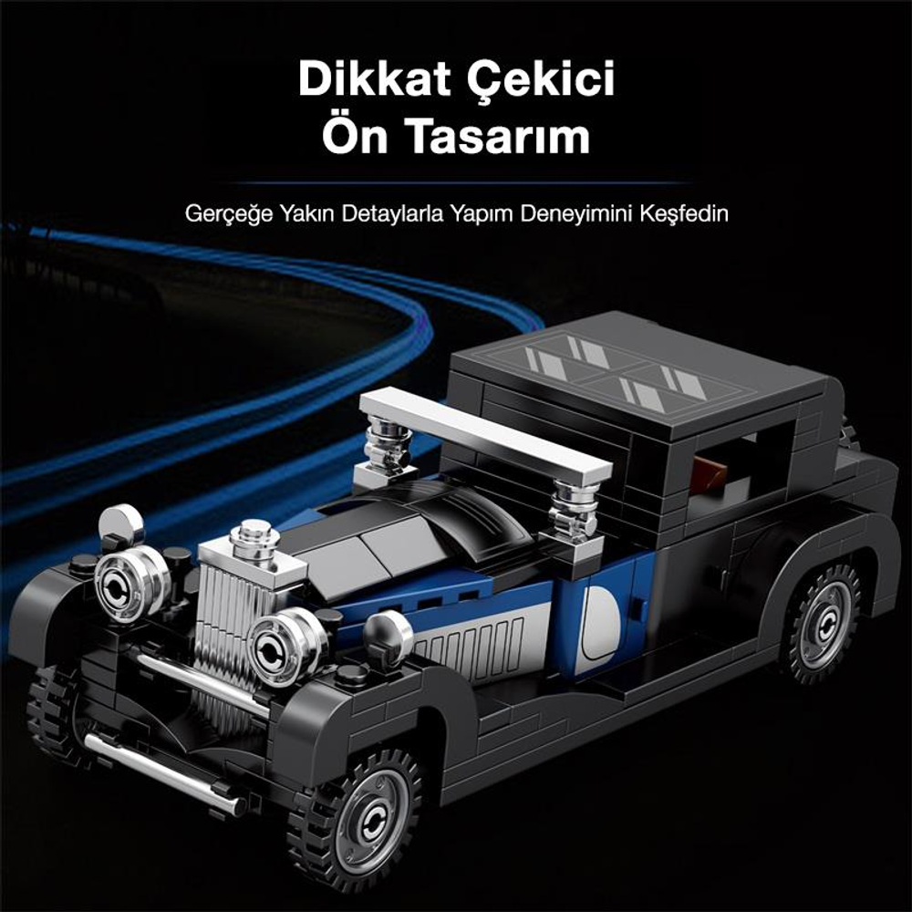 Krom detaylı siyah ve mavi Lego klasik araba, koyu arka plan üzerinde.