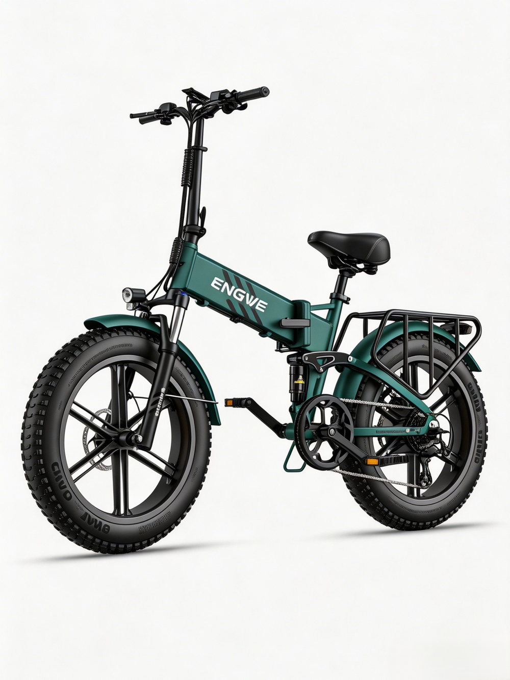 Una bici elettrica pieghevole verde con pneumatici larghi, portapacchi e sospensioni.