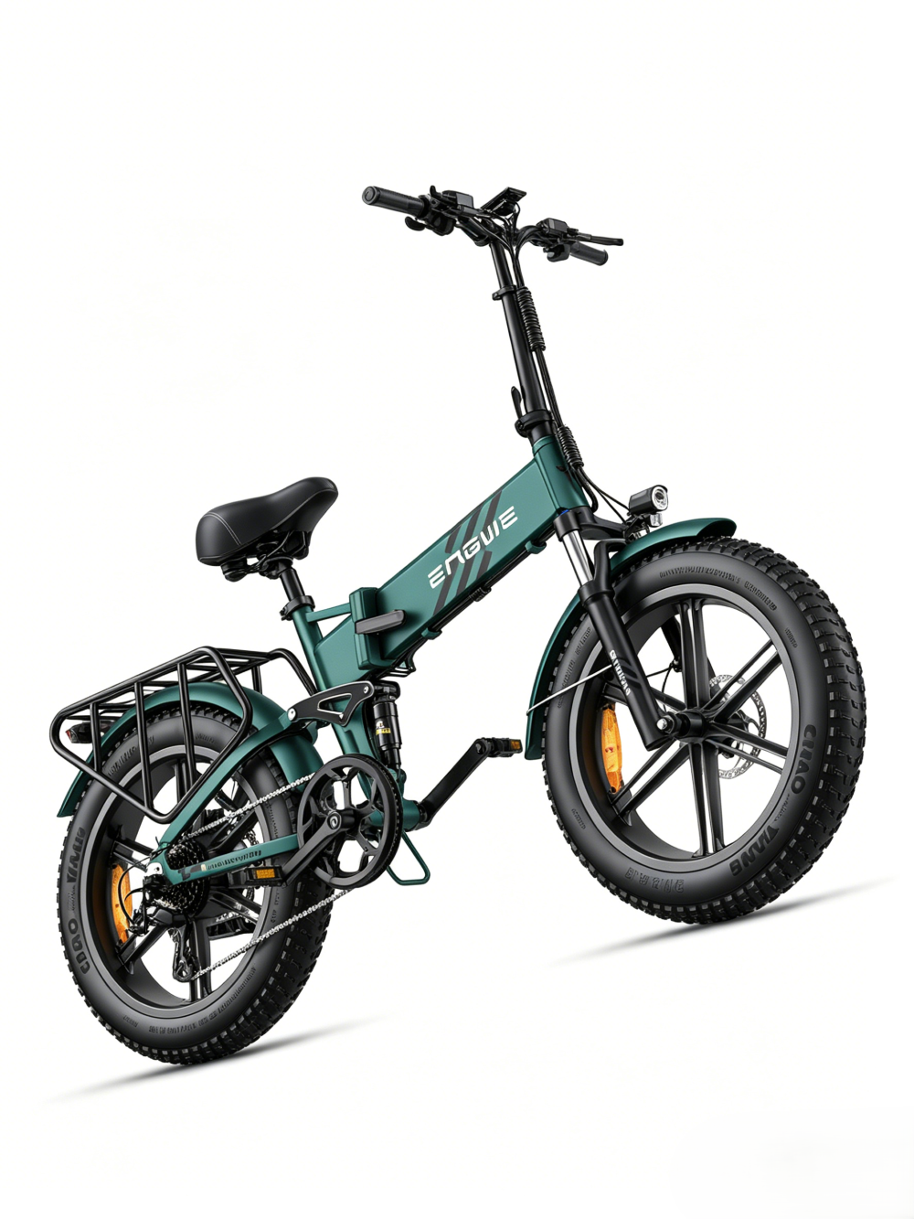 Una bici elettrica pieghevole verde con copertoni larghi e portapacchi posteriore.