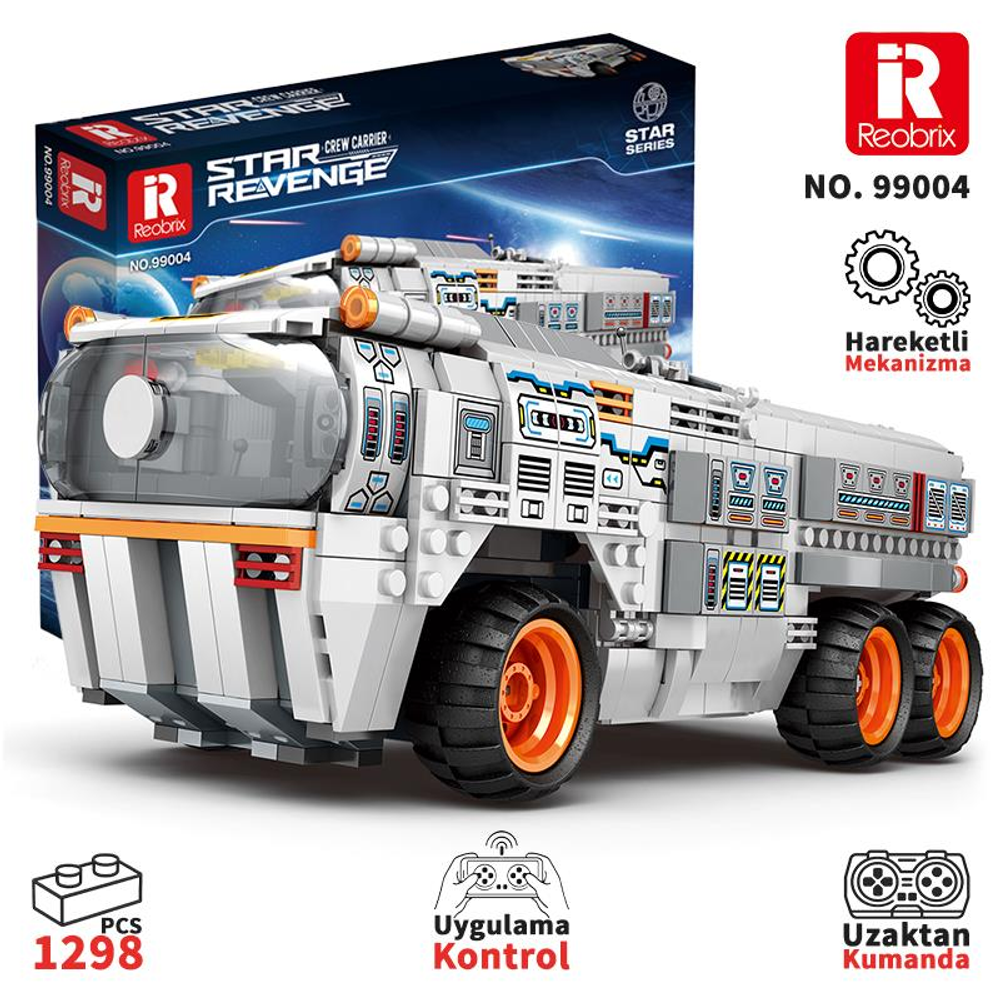 Turuncu detaylara ve altı tekerleğe sahip beyaz bir Lego uzay gemisi yapım seti.