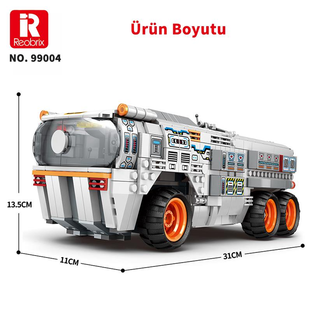 Turuncu aksanlı, büyük tekerlekli beyaz oyuncak uzay gemisi.