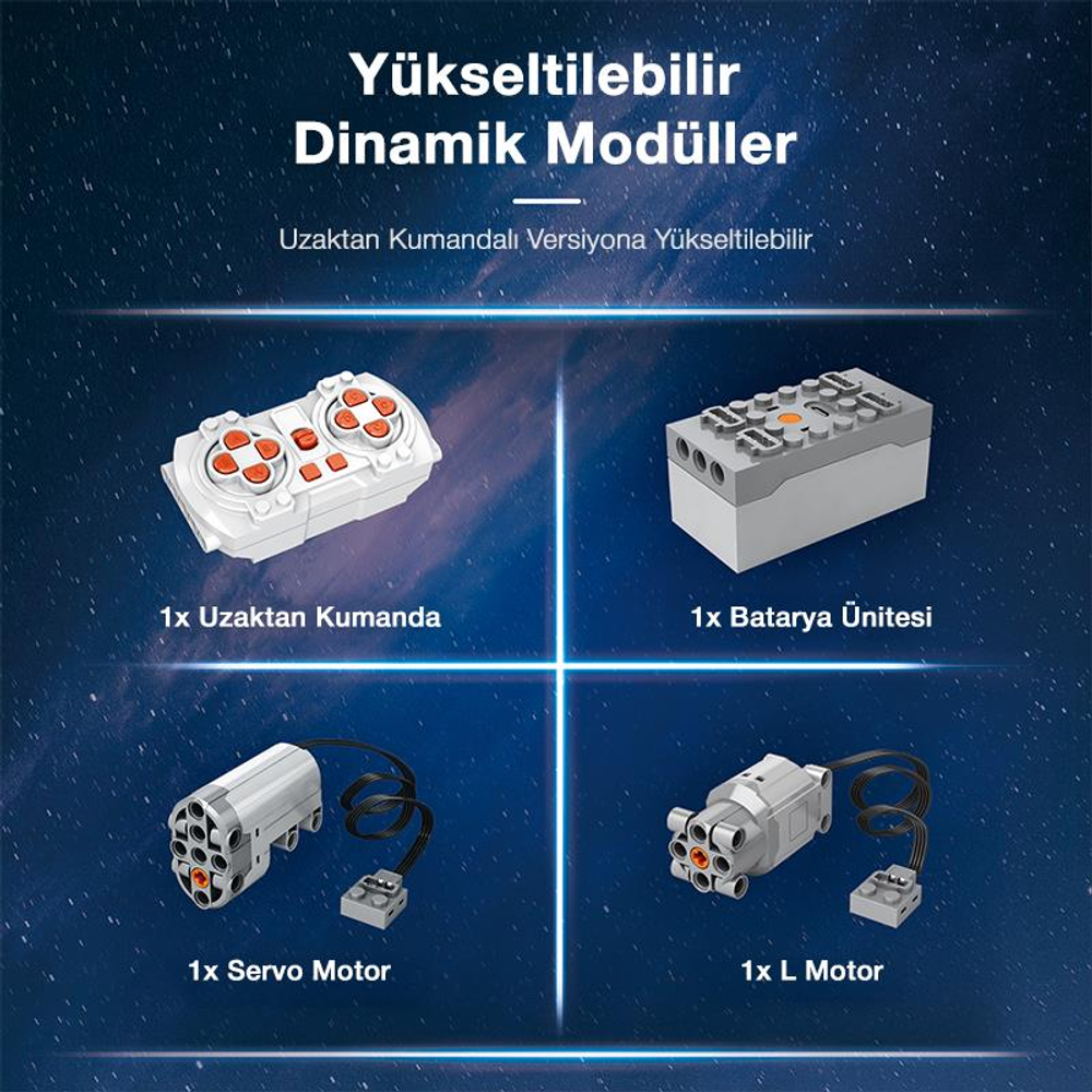 Dört robotik bileşen: uzaktan kumanda, batarya, servo motor, L motor.