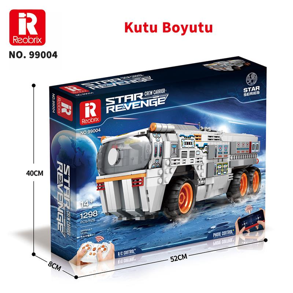 Reobrix Star Revenge yapım seti kutusu, uzay gemisi modeli ve uzaktan kumandaları gösteriyor.