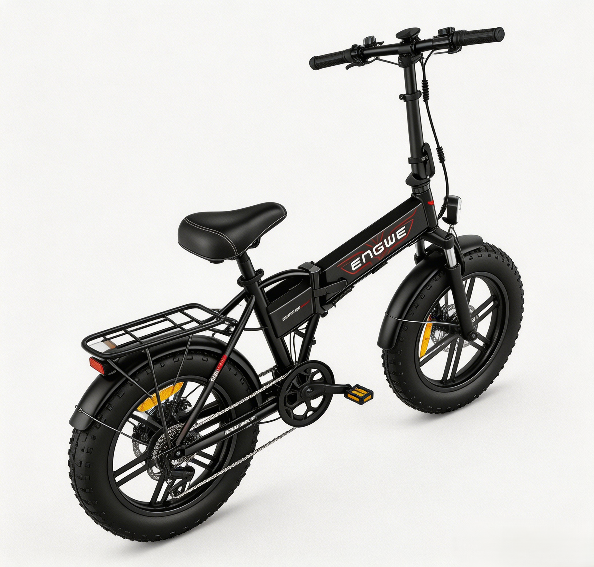 Una bicicletta elettrica pieghevole nera con pneumatici larghi e portapacchi posteriore.