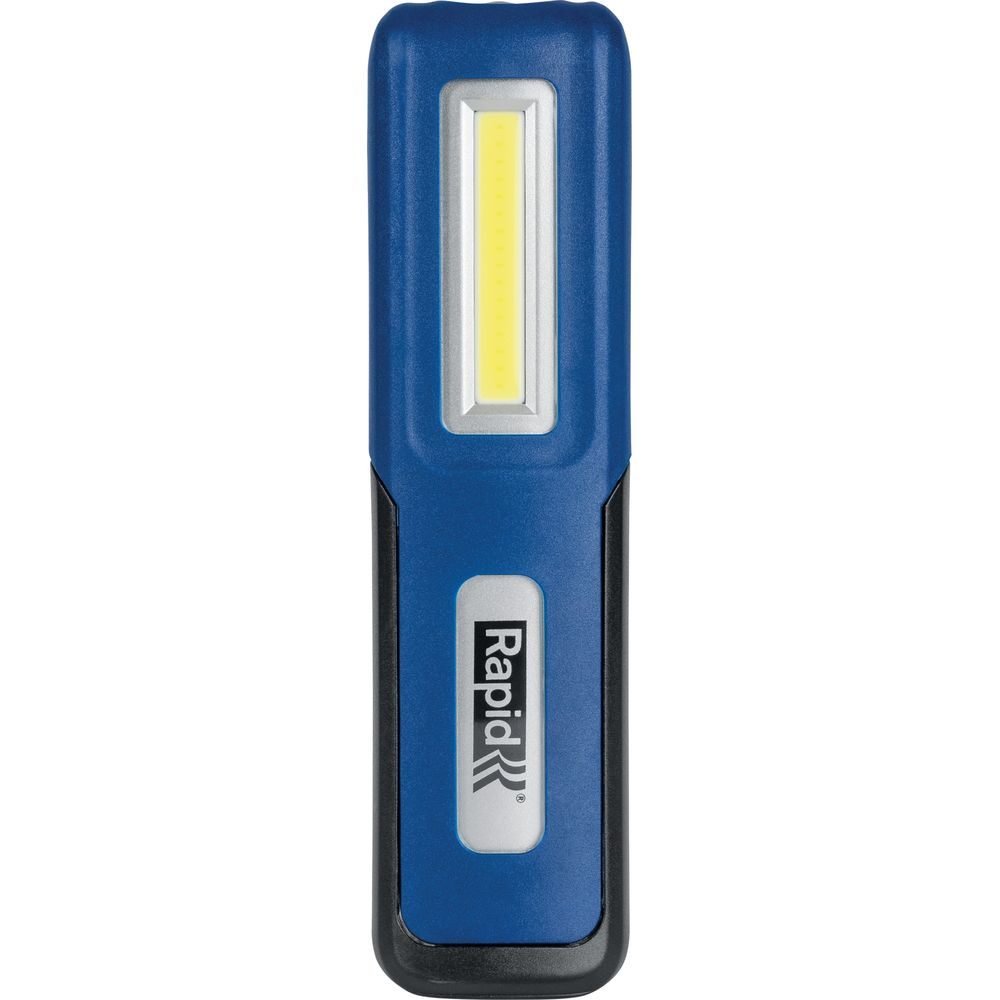 Lampe de travail LED bleue avec réflecteur argenté et logo 'Rapid'.