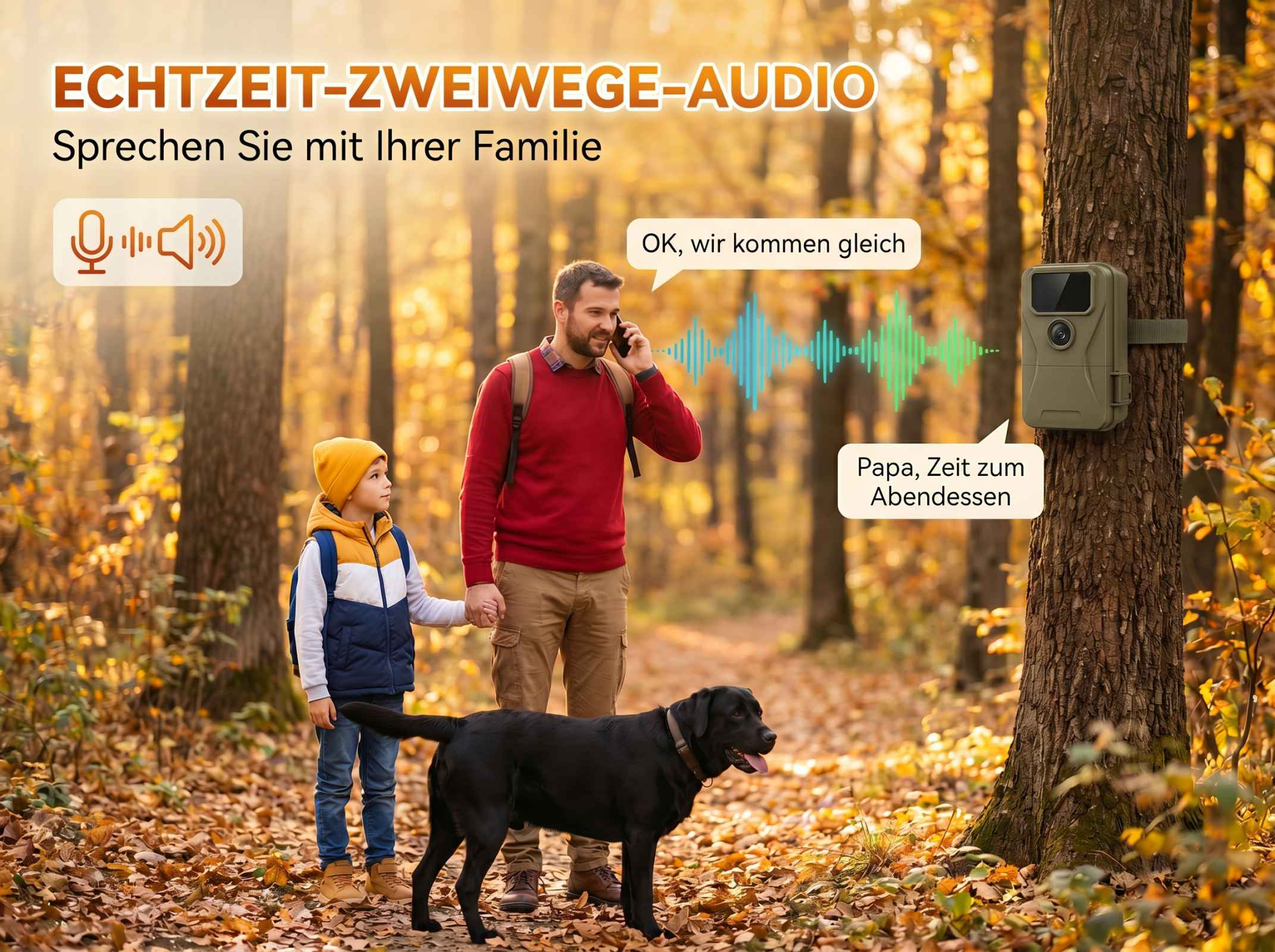 Mann telefoniert, Kind und Hund im Herbstwald. Kamera am Baum.