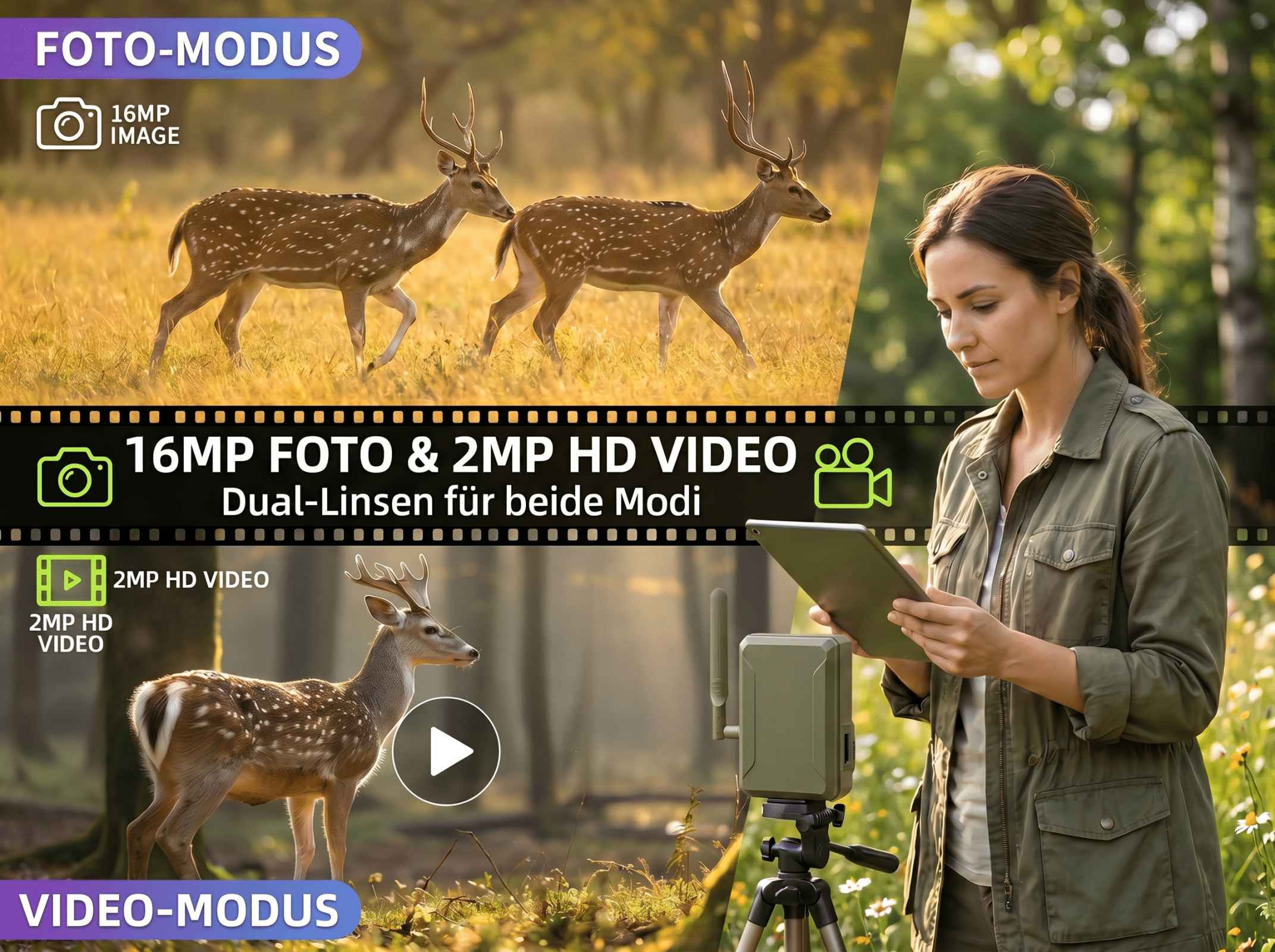 Eine Frau mit einem Tablet steht vor einer Wildkamera, im Hintergrund Rehe im Gras.