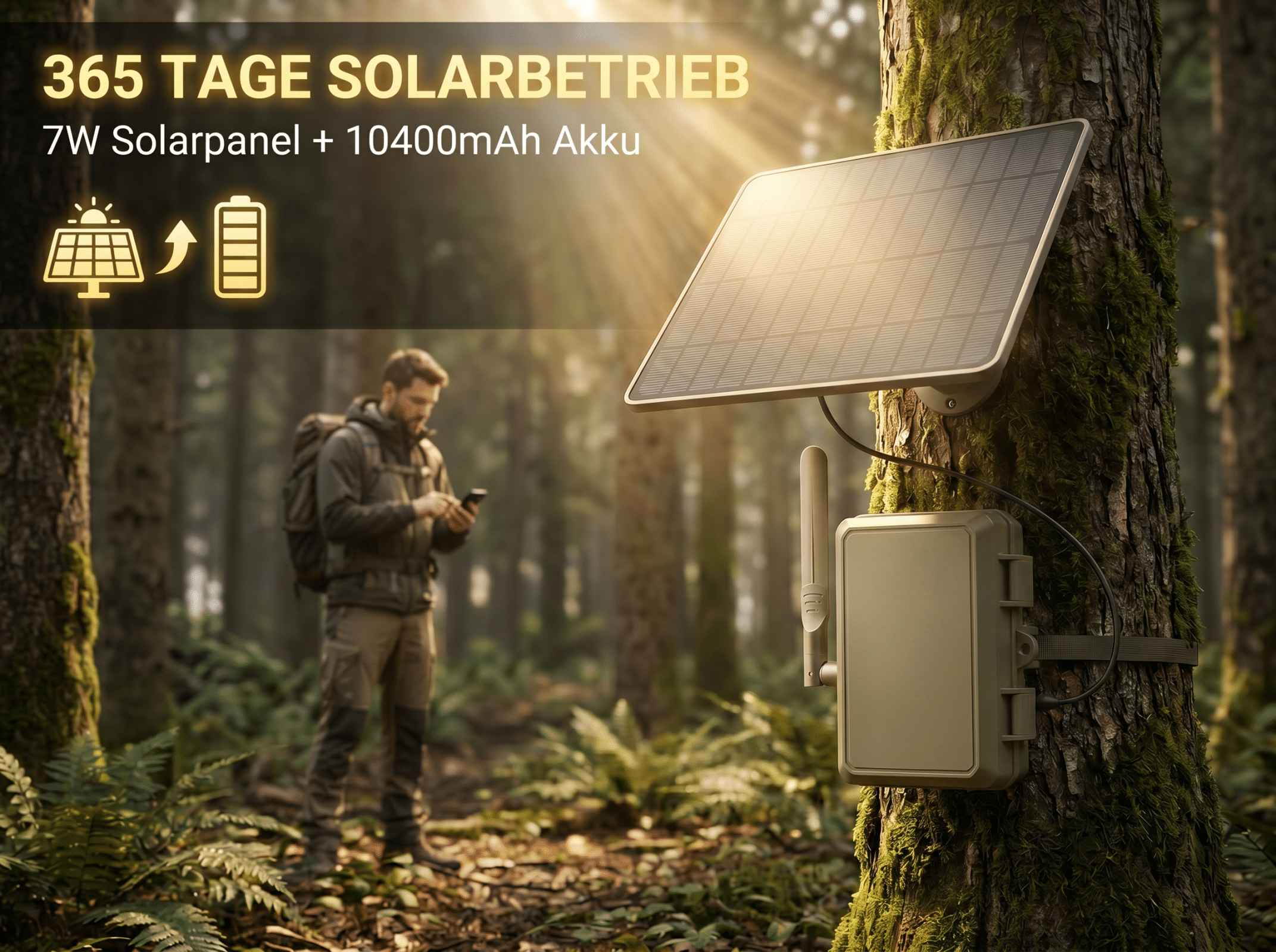 Solarpanel und Gehäuse an Baum, Mann im Wald mit Handy.