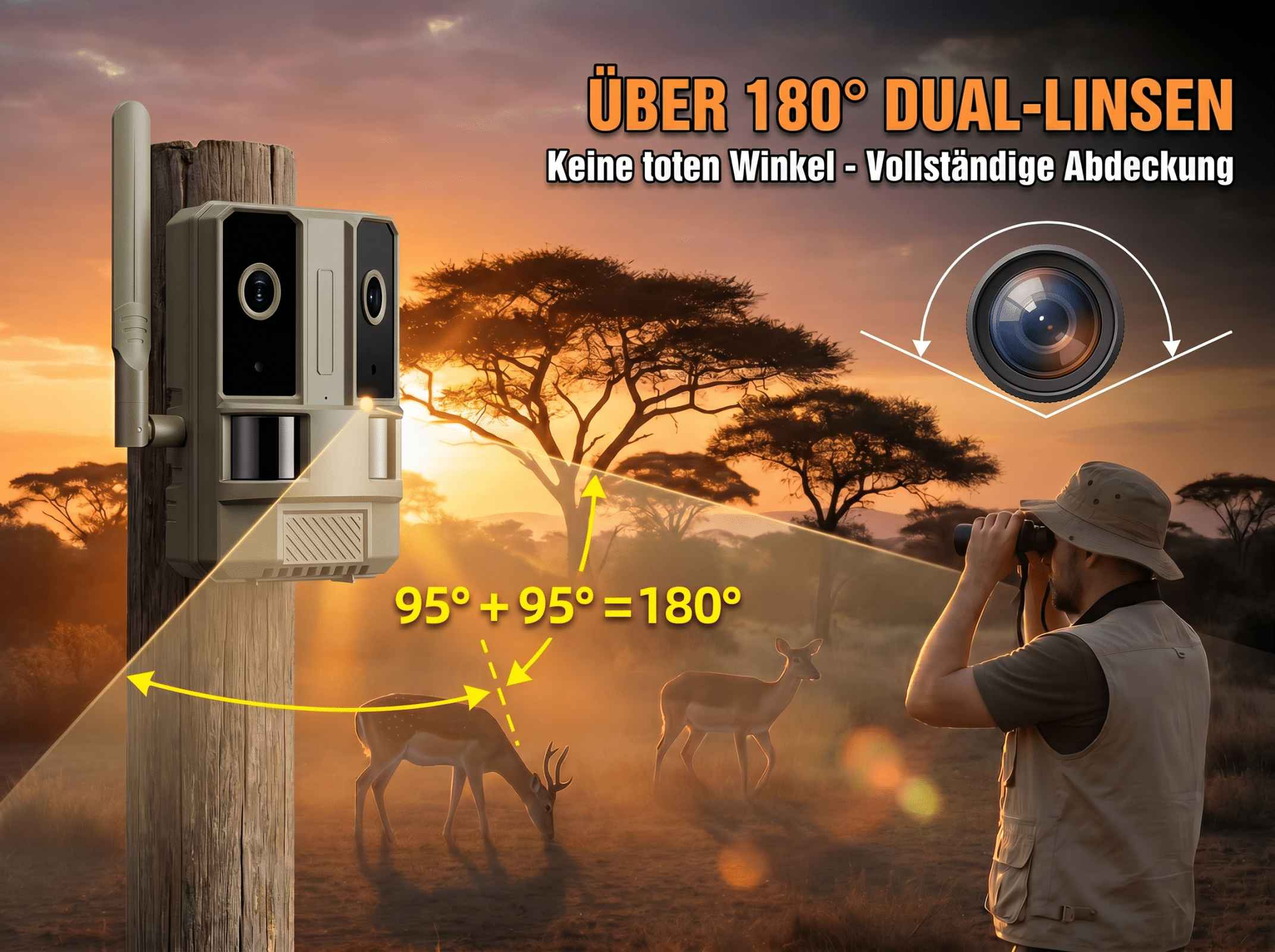 Eine Wildkamera auf einem Holzpfosten in Afrika, mit Rehen und einem Mann mit Fernglas.